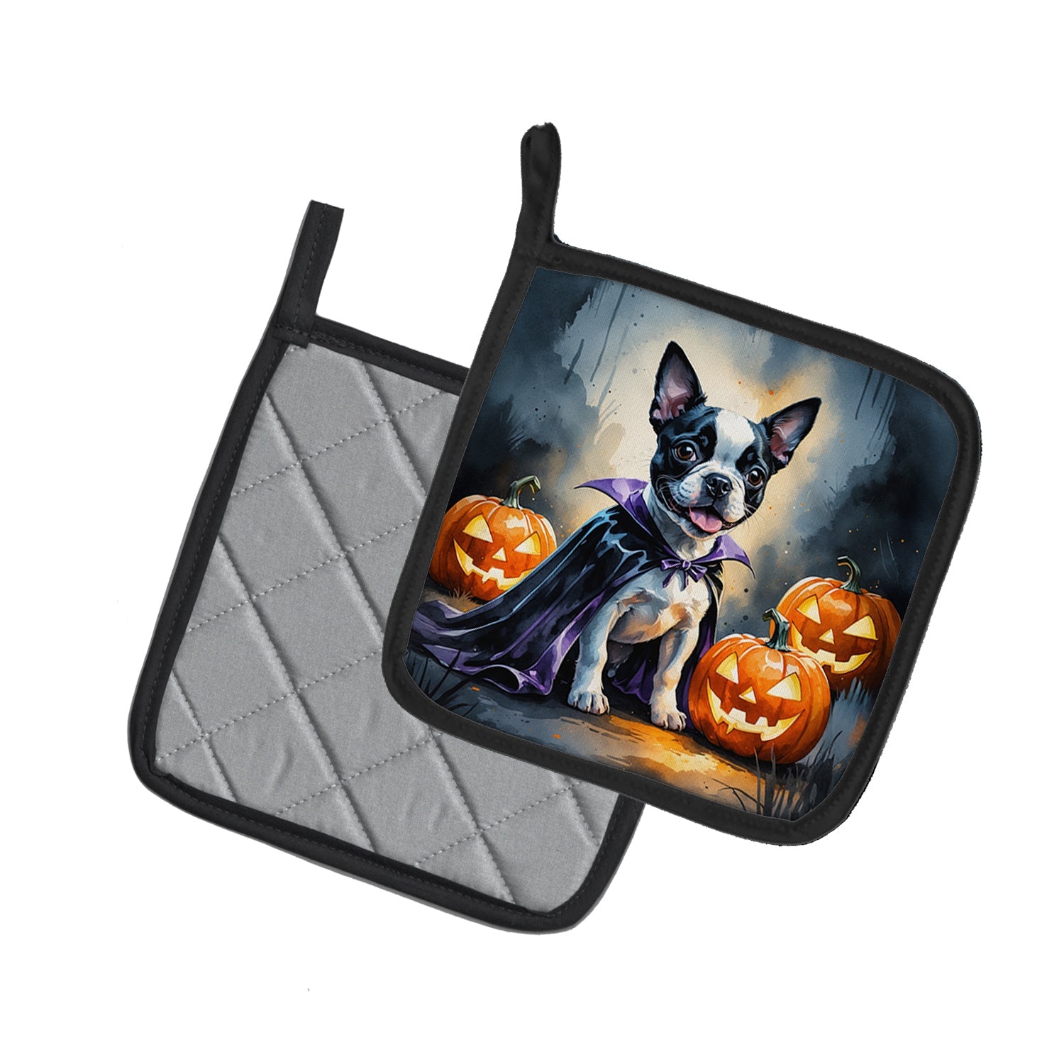 Boston Terrier Puppy Halloween Pot Holder Set of 2 Heat Resistant Quilted Hot Pads 7.5 x 7.5 Inch, Insulated Kitchen Trivets for Cooking & Baking