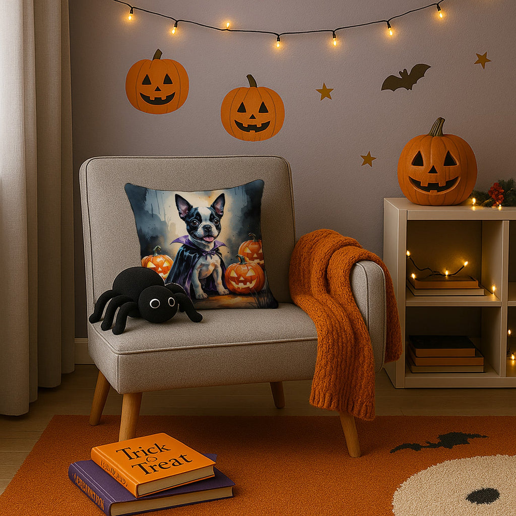 Boston Terrier Puppy Halloween Decorative Throw Pillow 14x14 Indoor Outdoor Accent Cushion, Fabric Cover with Insert for Sofa, Bed, Porch & Living Room