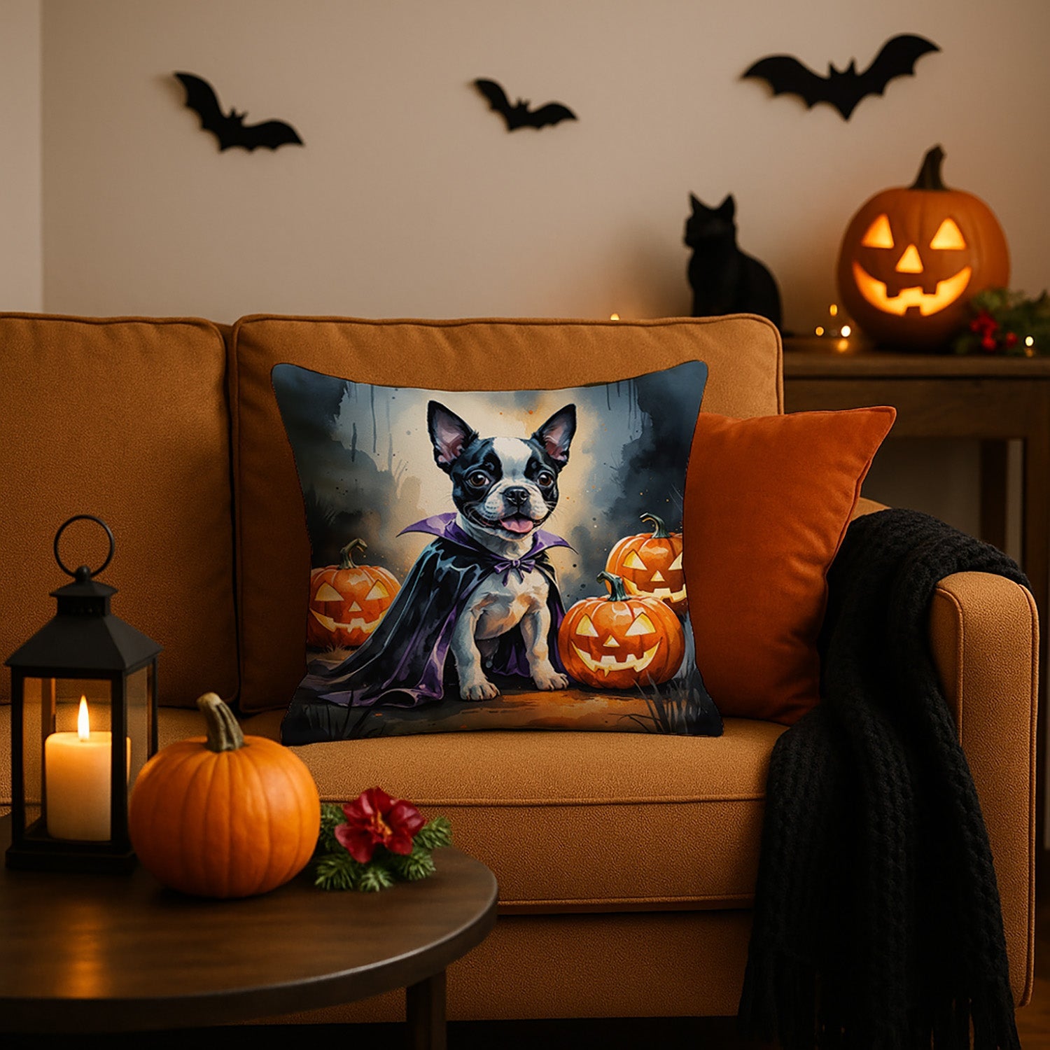 Boston Terrier Puppy Halloween Decorative Throw Pillow 18x18 Indoor Outdoor Accent Cushion, Fabric Cover with Insert for Sofa, Bed, Porch & Living Room