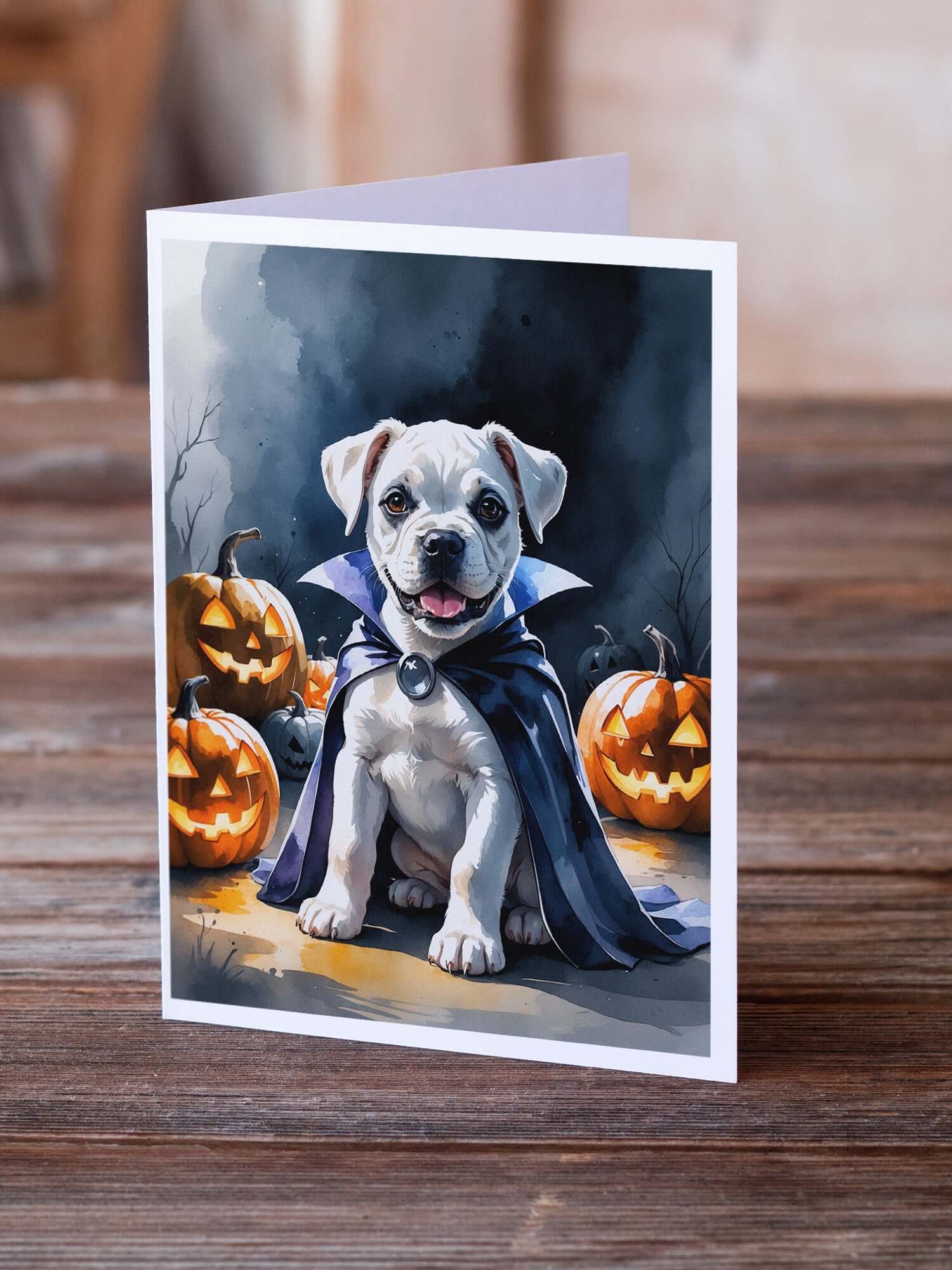 White Boxer Puppy Halloween Greeting Cards Pack of 8 Blank Cards with Envelopes Whimsical A7 Size 5x7