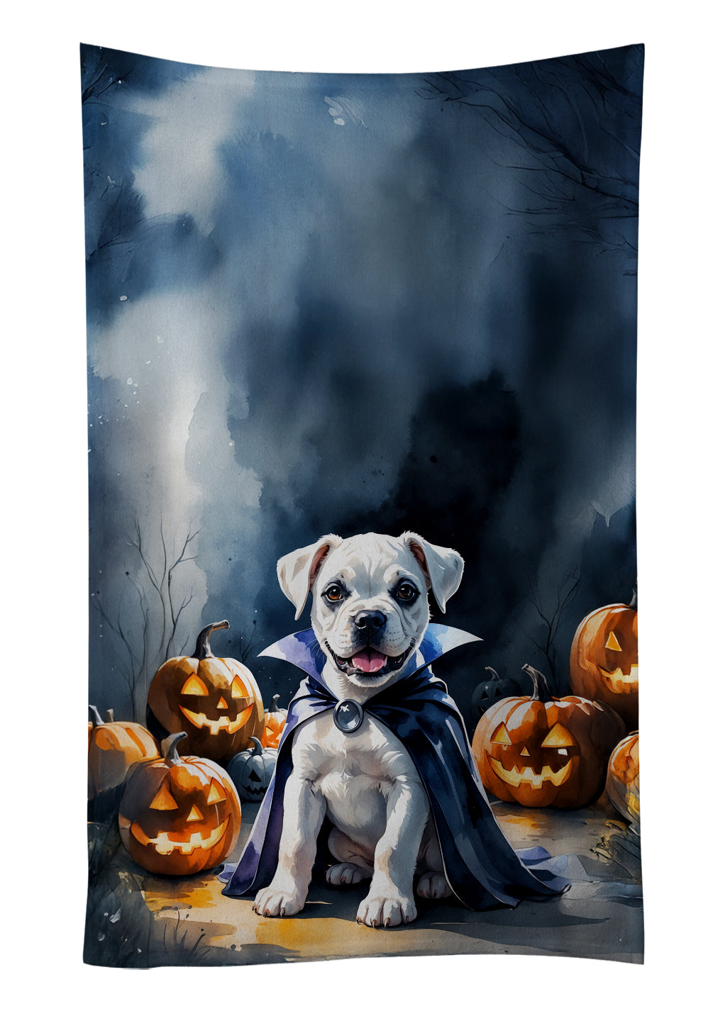 White Boxer Puppy Halloween Kitchen Towel Velour Plush Front and Cotton Loop Back Machine Washable