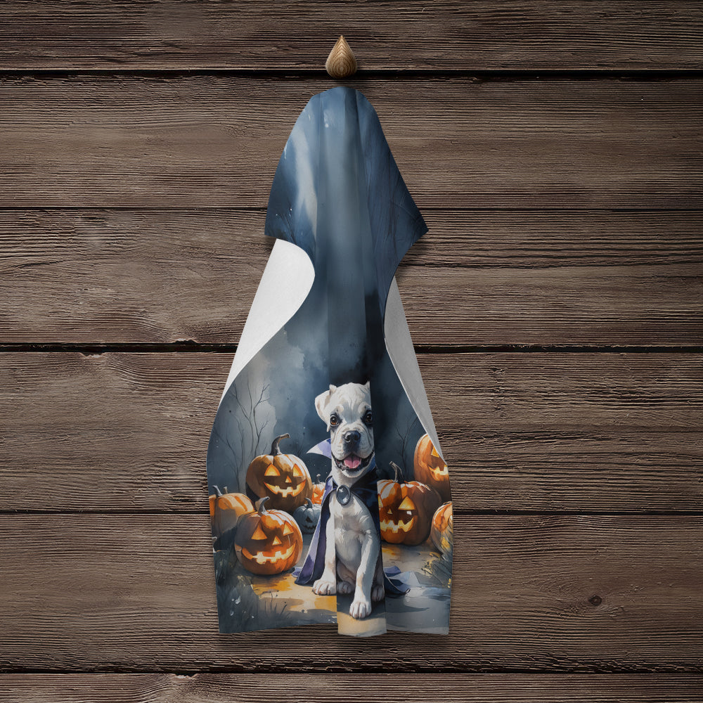 White Boxer Puppy Halloween Kitchen Towel Velour Plush Front and Cotton Loop Back Machine Washable