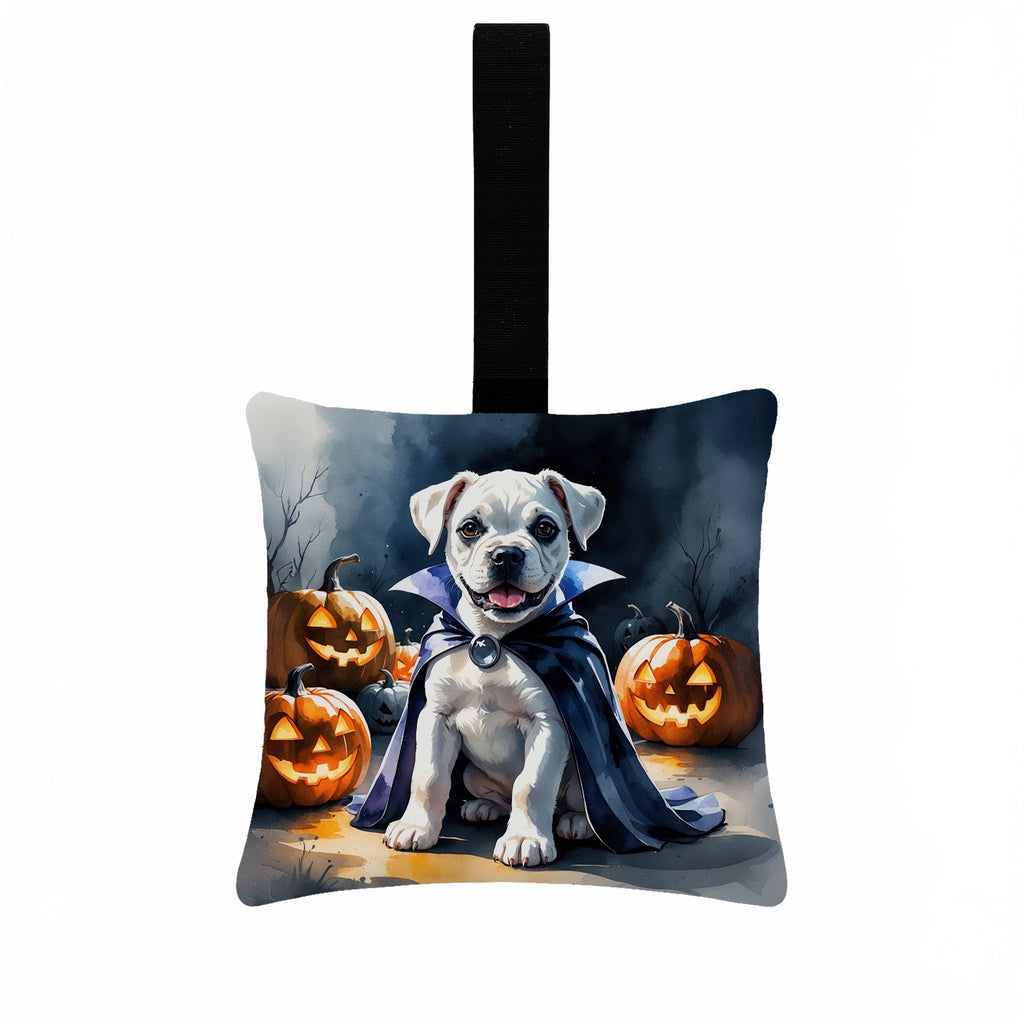 White Boxer Puppy Halloween Hanging Square Fabric Ornament 3.5 × 3.5 Decorative Door-Knob & Tree Hanger, Soft Fabric