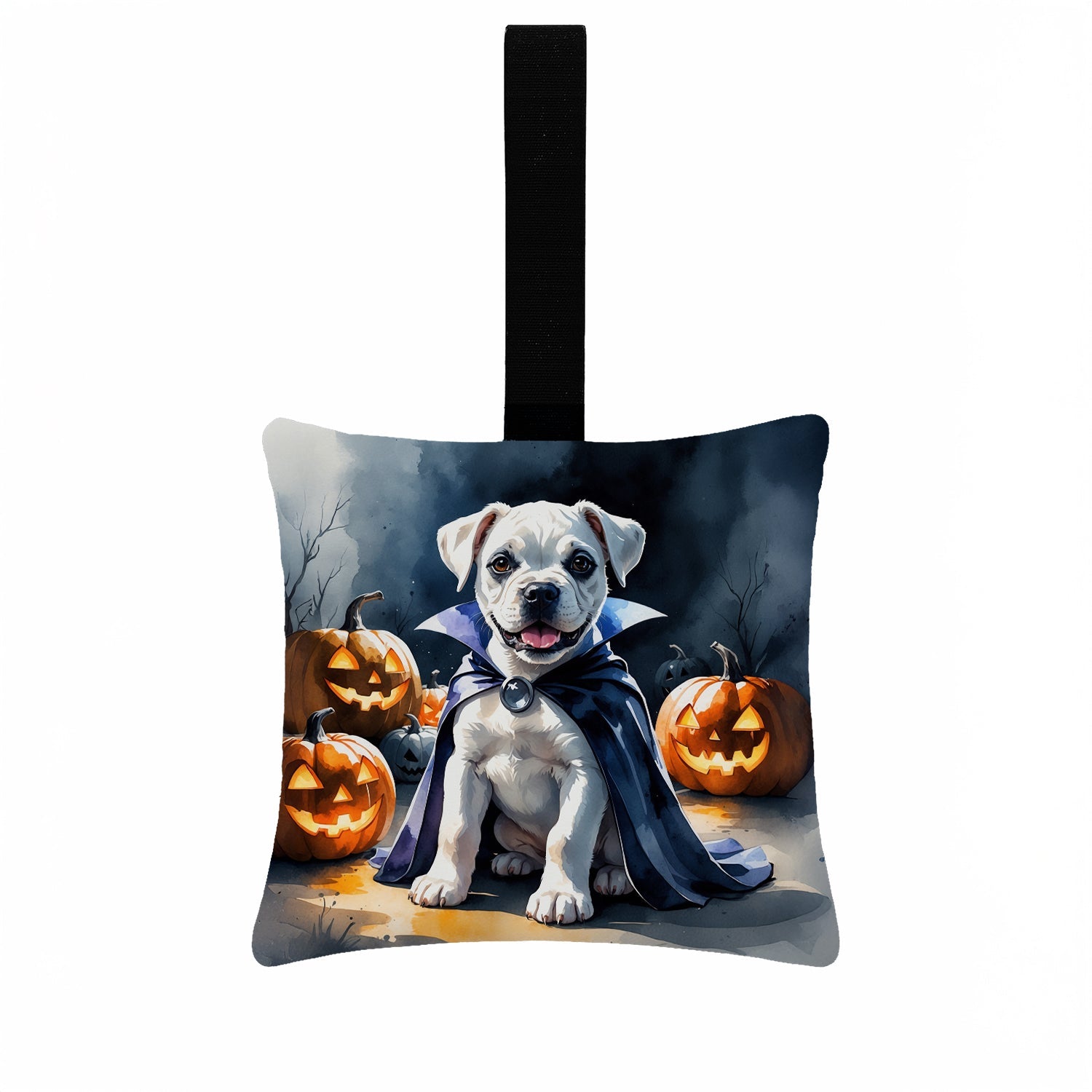 White Boxer Puppy Halloween Hanging Square Fabric Ornament 3.5 × 3.5 Decorative Door-Knob & Tree Hanger, Soft Fabric