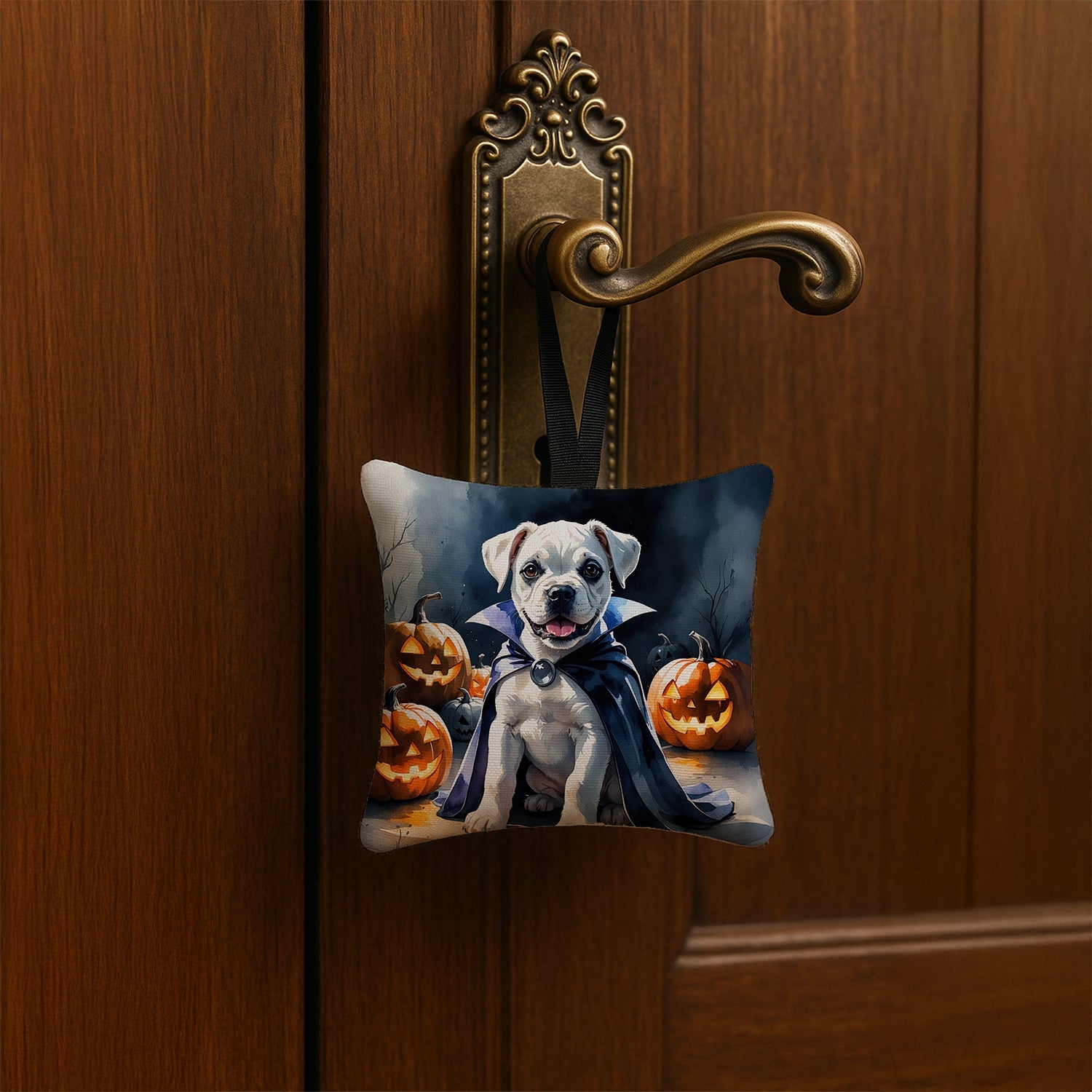 White Boxer Puppy Halloween Hanging Square Fabric Ornament 3.5 × 3.5 Decorative Door-Knob & Tree Hanger, Soft Fabric
