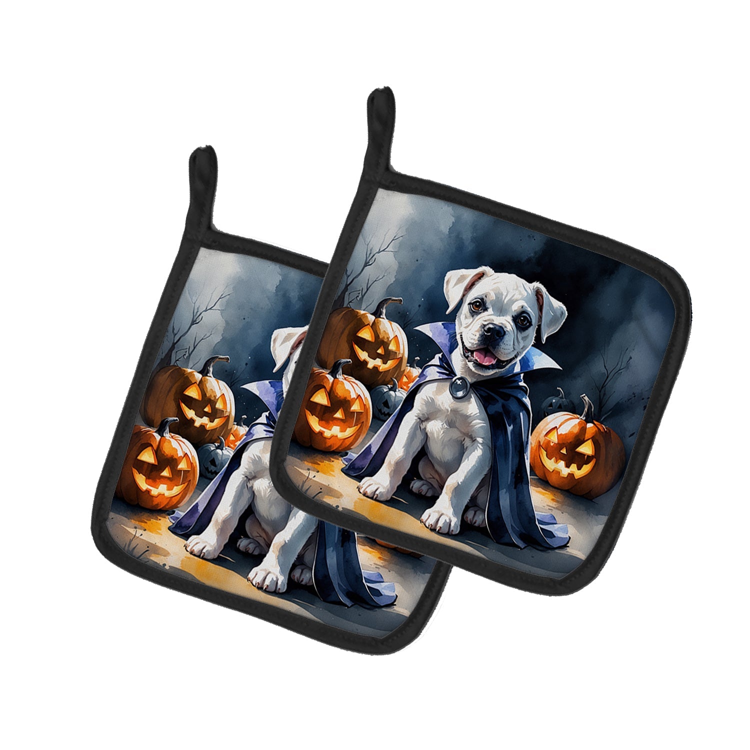White Boxer Puppy Halloween Pot Holder Set of 2 Heat Resistant Quilted Hot Pads 7.5 x 7.5 Inch, Insulated Kitchen Trivets for Cooking & Baking