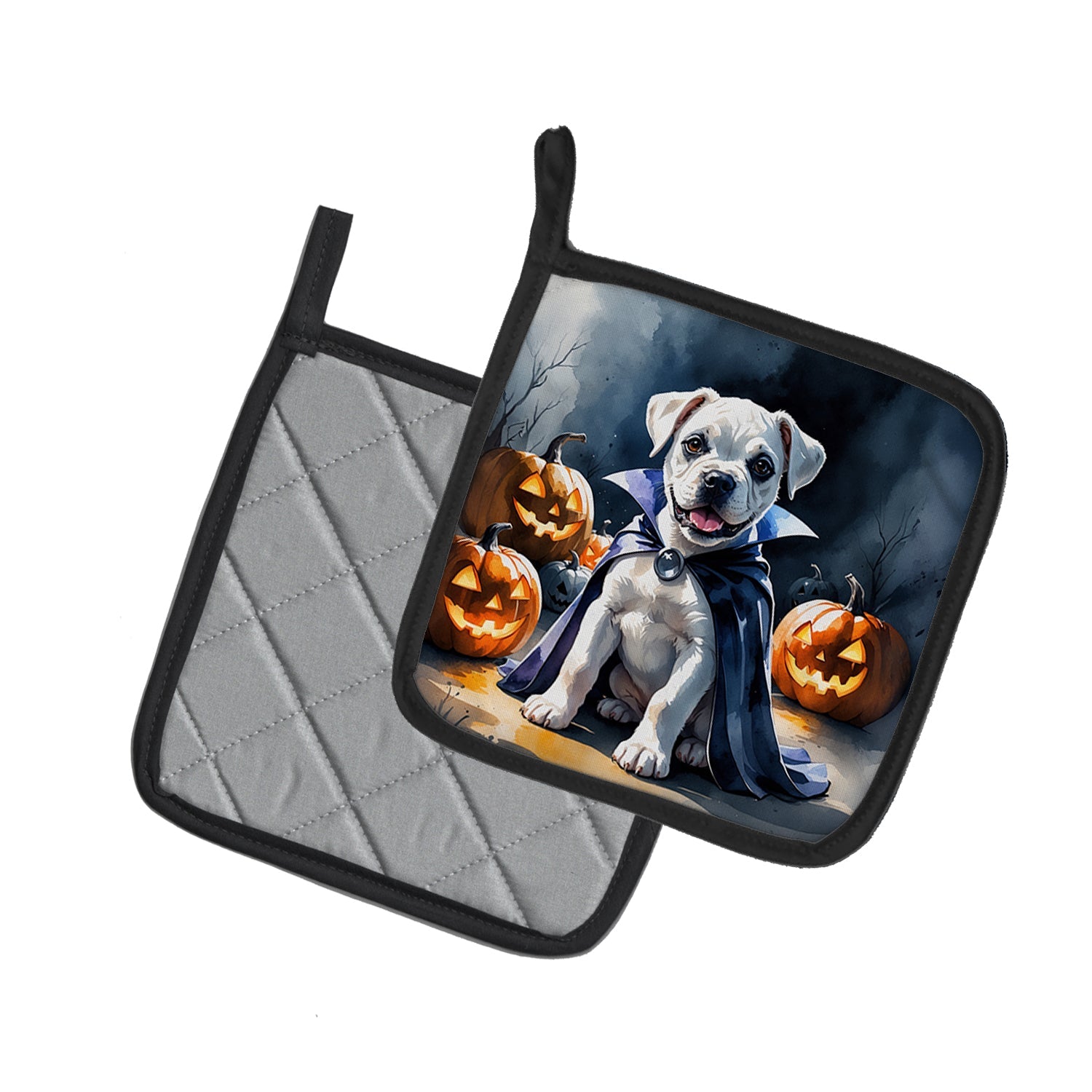White Boxer Puppy Halloween Pot Holder Set of 2 Heat Resistant Quilted Hot Pads 7.5 x 7.5 Inch, Insulated Kitchen Trivets for Cooking & Baking