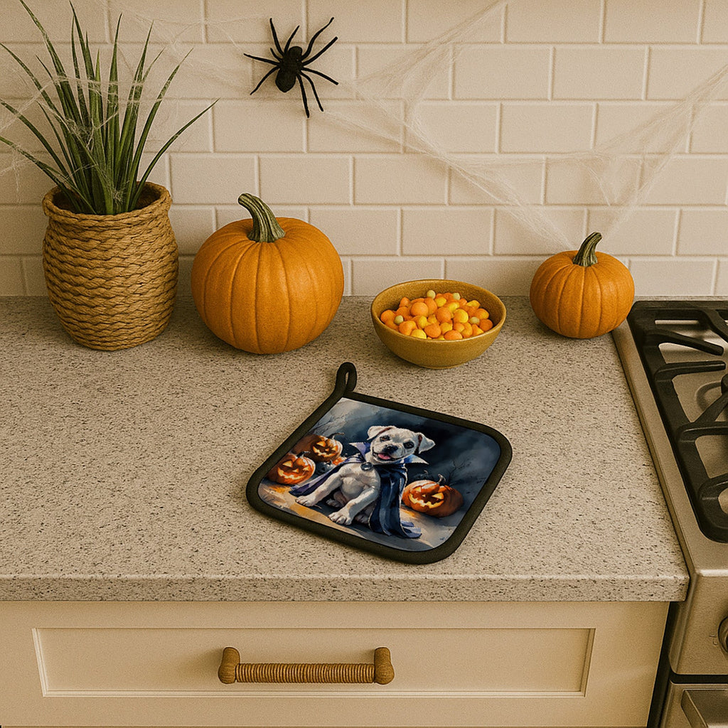 White Boxer Puppy Halloween Pot Holder Set of 2 Heat Resistant Quilted Hot Pads 7.5 x 7.5 Inch, Insulated Kitchen Trivets for Cooking & Baking