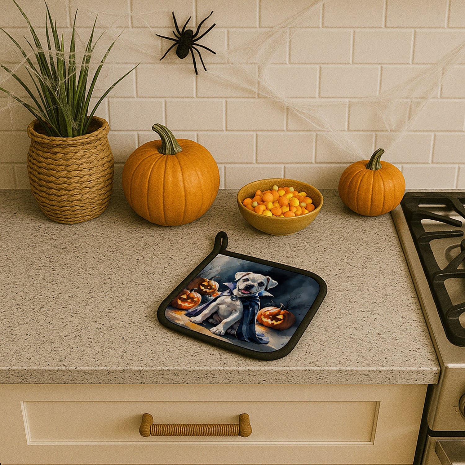 White Boxer Puppy Halloween Pot Holder Set of 2 Heat Resistant Quilted Hot Pads 7.5 x 7.5 Inch, Insulated Kitchen Trivets for Cooking & Baking