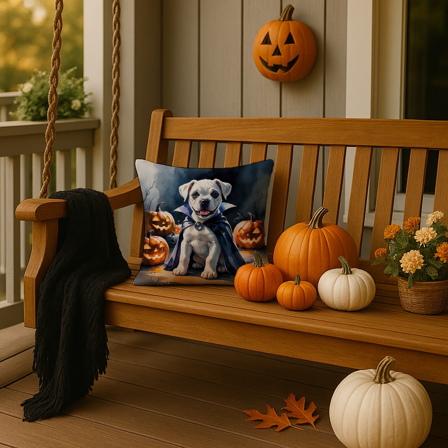 White Boxer Puppy Halloween Decorative Throw Pillow 14x14 Indoor Outdoor Accent Cushion, Fabric Cover with Insert for Sofa, Bed, Porch & Living Room