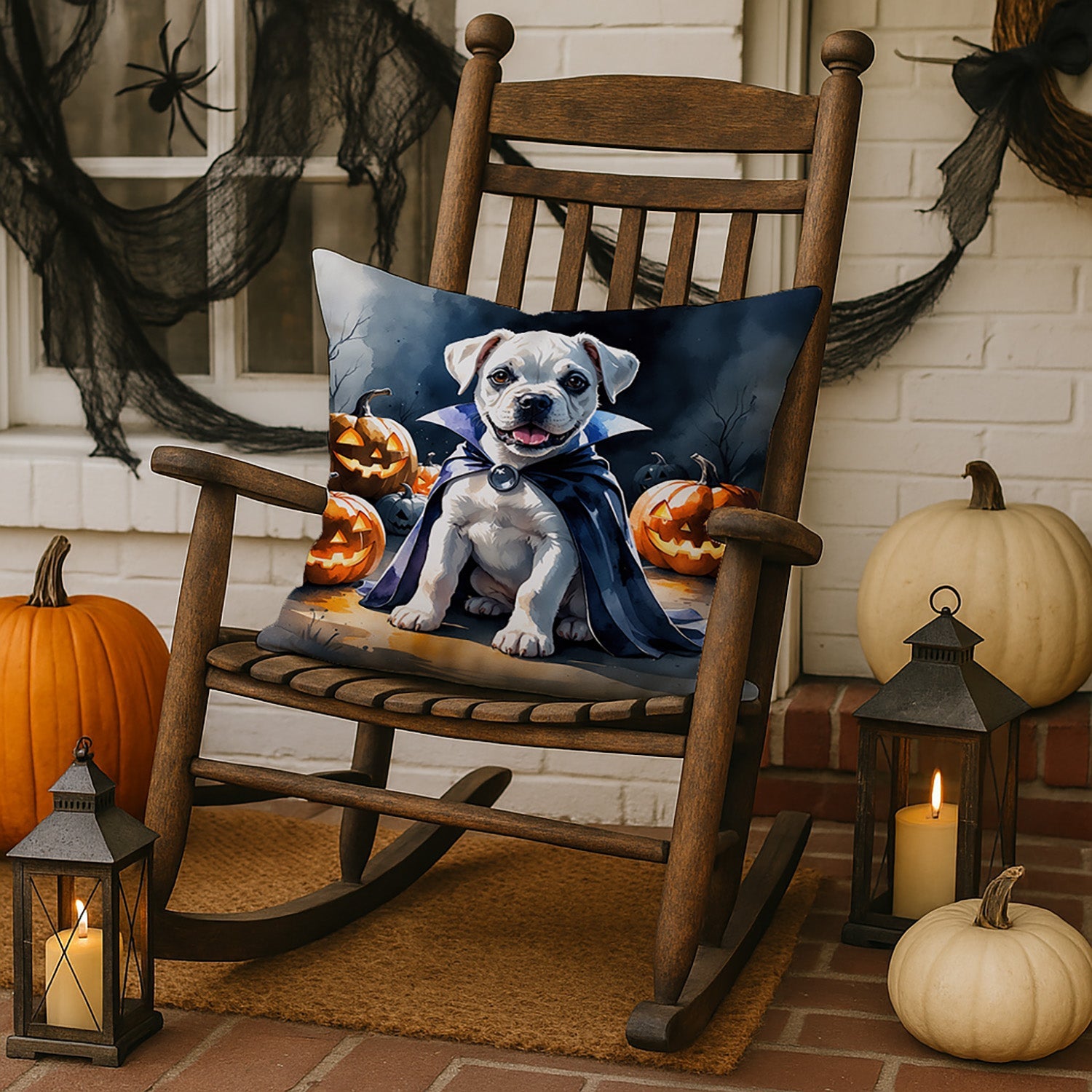White Boxer Puppy Halloween Decorative Throw Pillow 18x18 Indoor Outdoor Accent Cushion, Fabric Cover with Insert for Sofa, Bed, Porch & Living Room