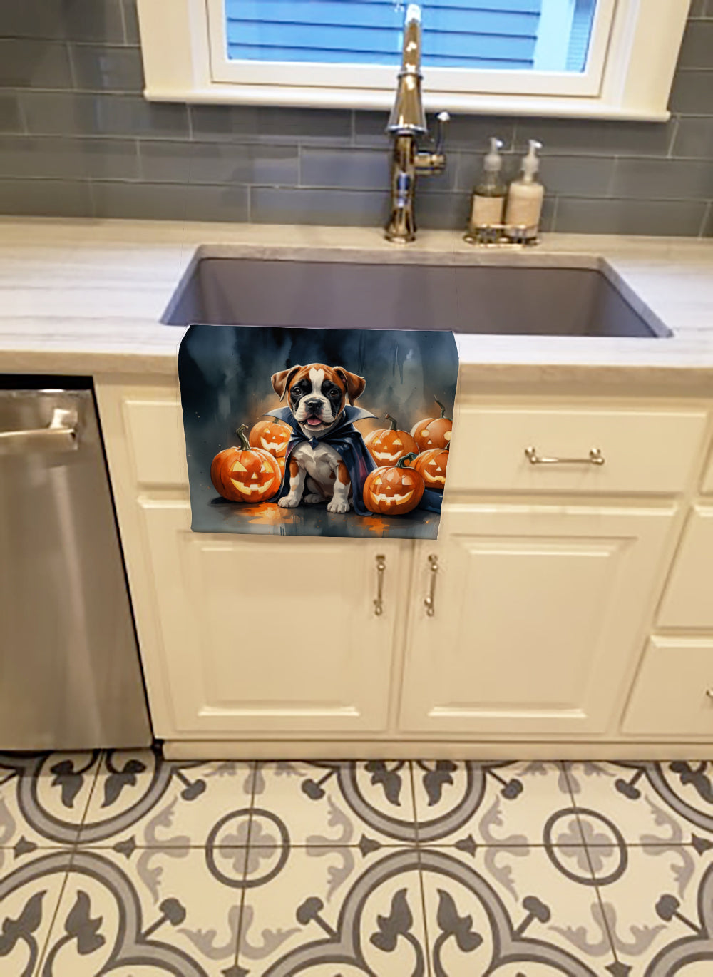 Boxer Puppy Halloween Kitchen Towel Velour Plush Front and Cotton Loop Back Machine Washable