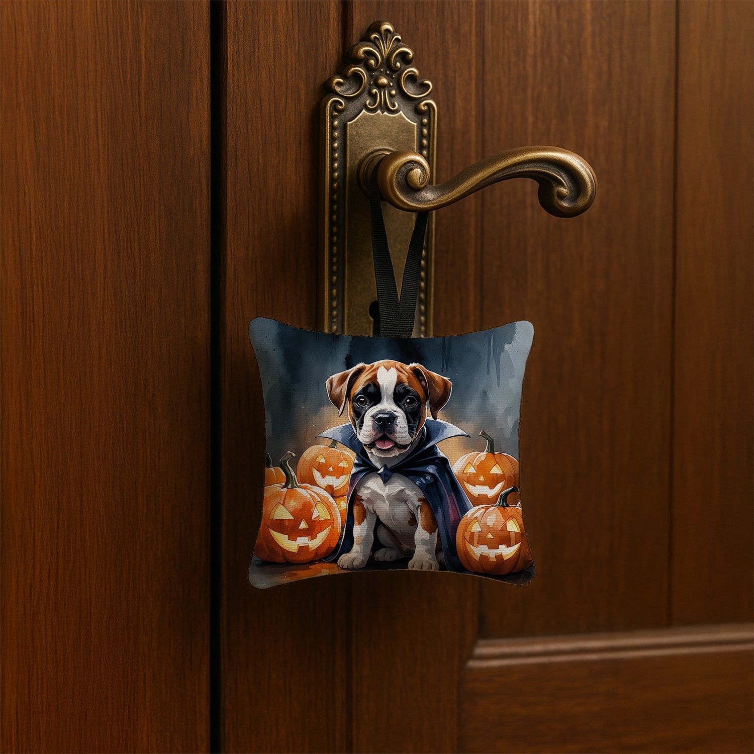 Boxer Puppy Halloween Hanging Square Fabric Ornament 3.5 × 3.5 Decorative Door-Knob & Tree Hanger, Soft Fabric