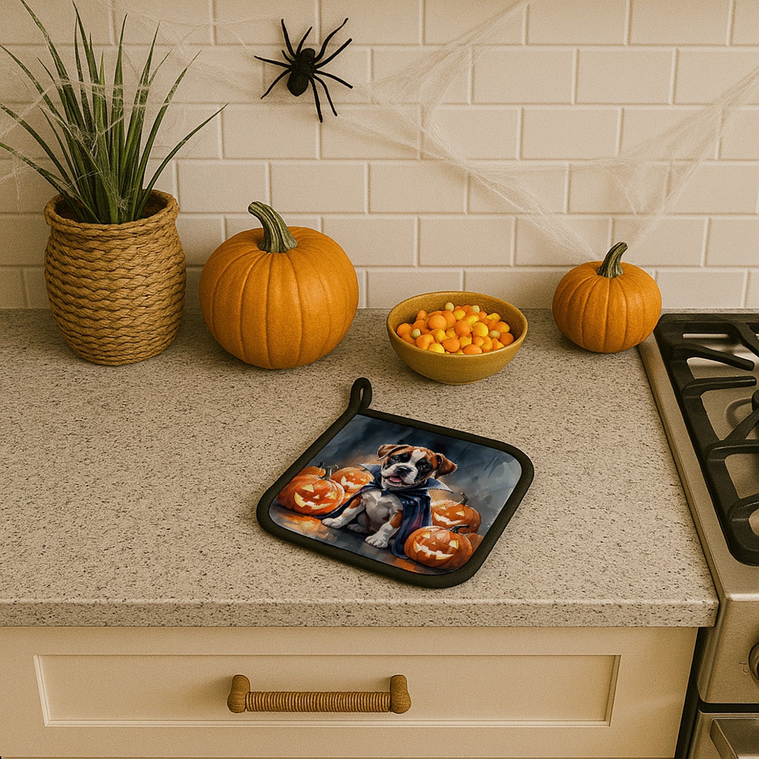 Boxer Puppy Halloween Pot Holder Set of 2 Heat Resistant Quilted Hot Pads 7.5 x 7.5 Inch, Insulated Kitchen Trivets for Cooking & Baking
