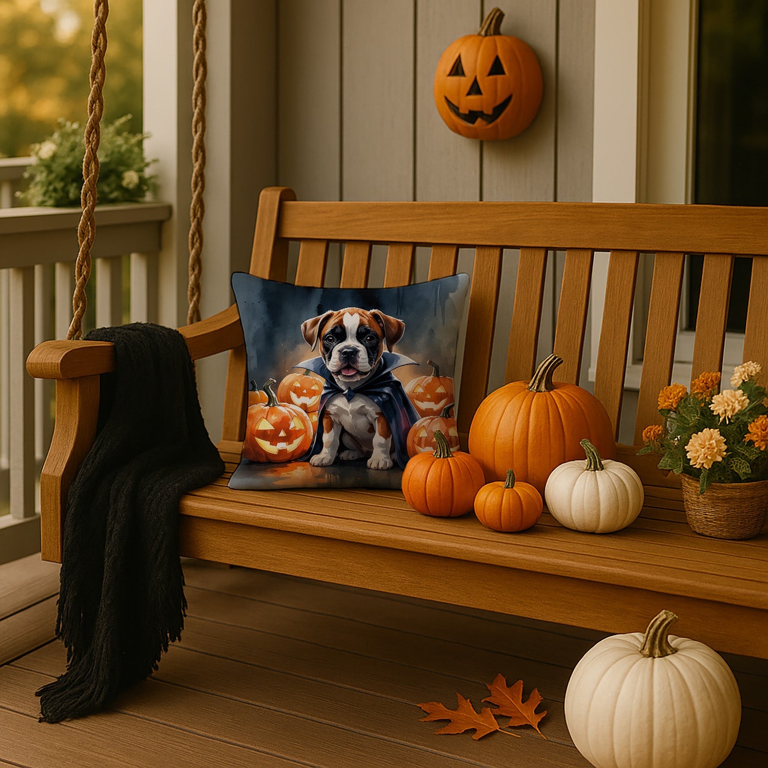 Boxer Puppy Halloween Decorative Throw Pillow 14x14 Indoor Outdoor Accent Cushion, Fabric Cover with Insert for Sofa, Bed, Porch & Living Room