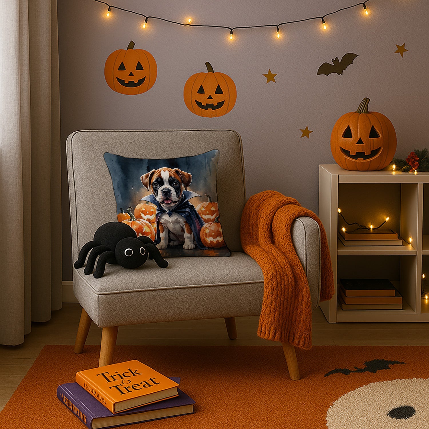 Boxer Puppy Halloween Decorative Throw Pillow 14x14 Indoor Outdoor Accent Cushion, Fabric Cover with Insert for Sofa, Bed, Porch & Living Room