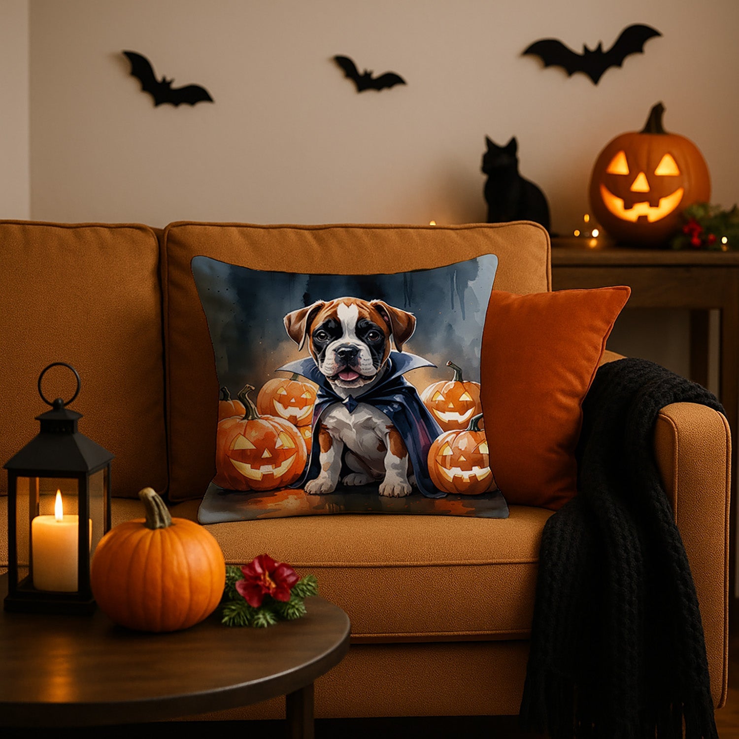 Boxer Puppy Halloween Decorative Throw Pillow 18x18 Indoor Outdoor Accent Cushion, Fabric Cover with Insert for Sofa, Bed, Porch & Living Room