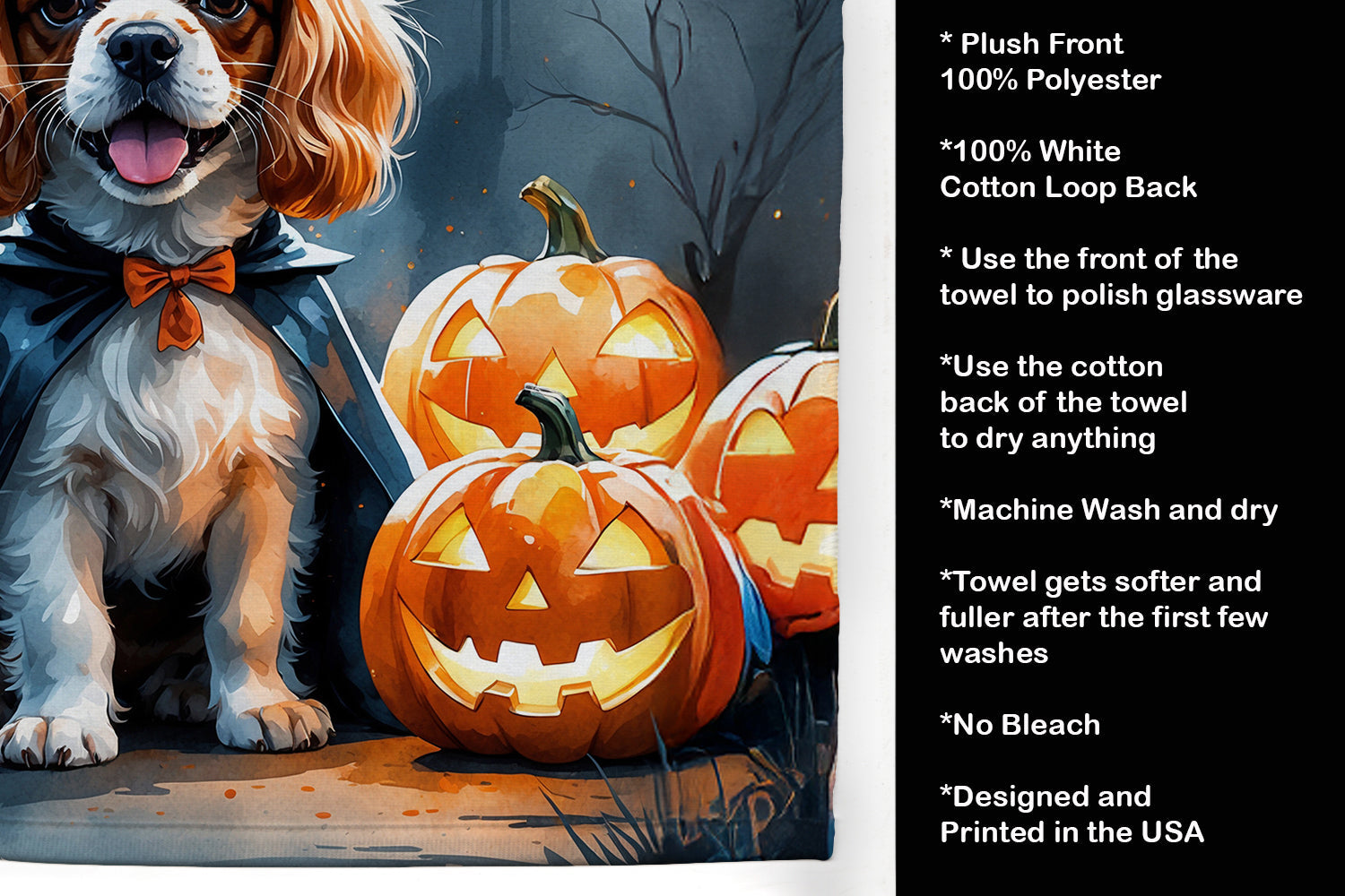 Cavalier Spaniel Puppy Halloween Kitchen Towel Velour Plush Front and Cotton Loop Back Machine Washable