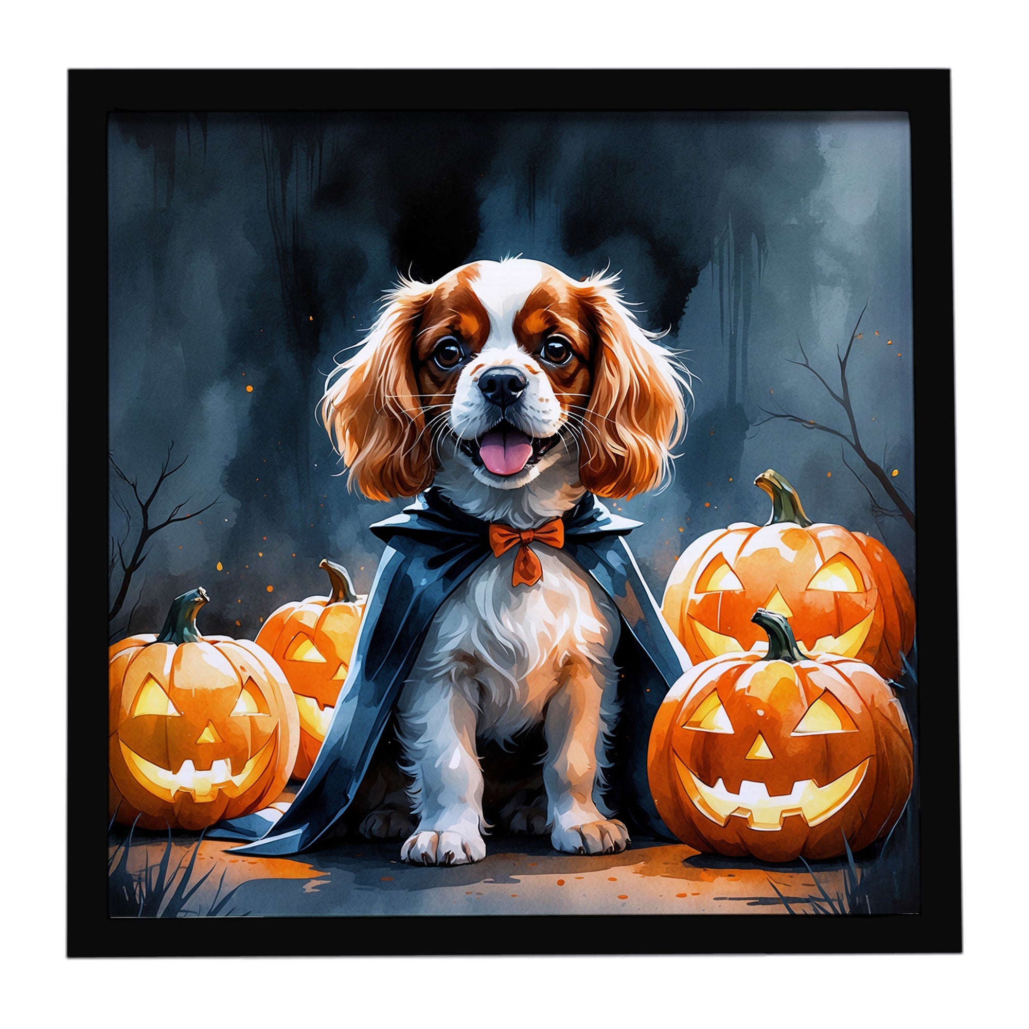 Cavalier Spaniel Puppy Halloween Framed Metal Print Bathroom, Kitchen, Office, Home Decor Wall Art Ready to Hang, Square, 8X8