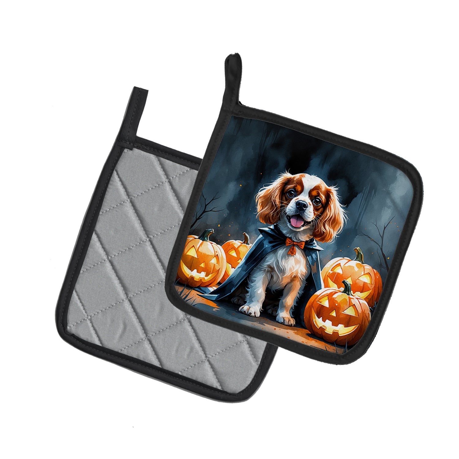Cavalier Spaniel Puppy Halloween Pot Holder Set of 2 Heat Resistant Quilted Hot Pads 7.5 x 7.5 Inch, Insulated Kitchen Trivets for Cooking & Baking