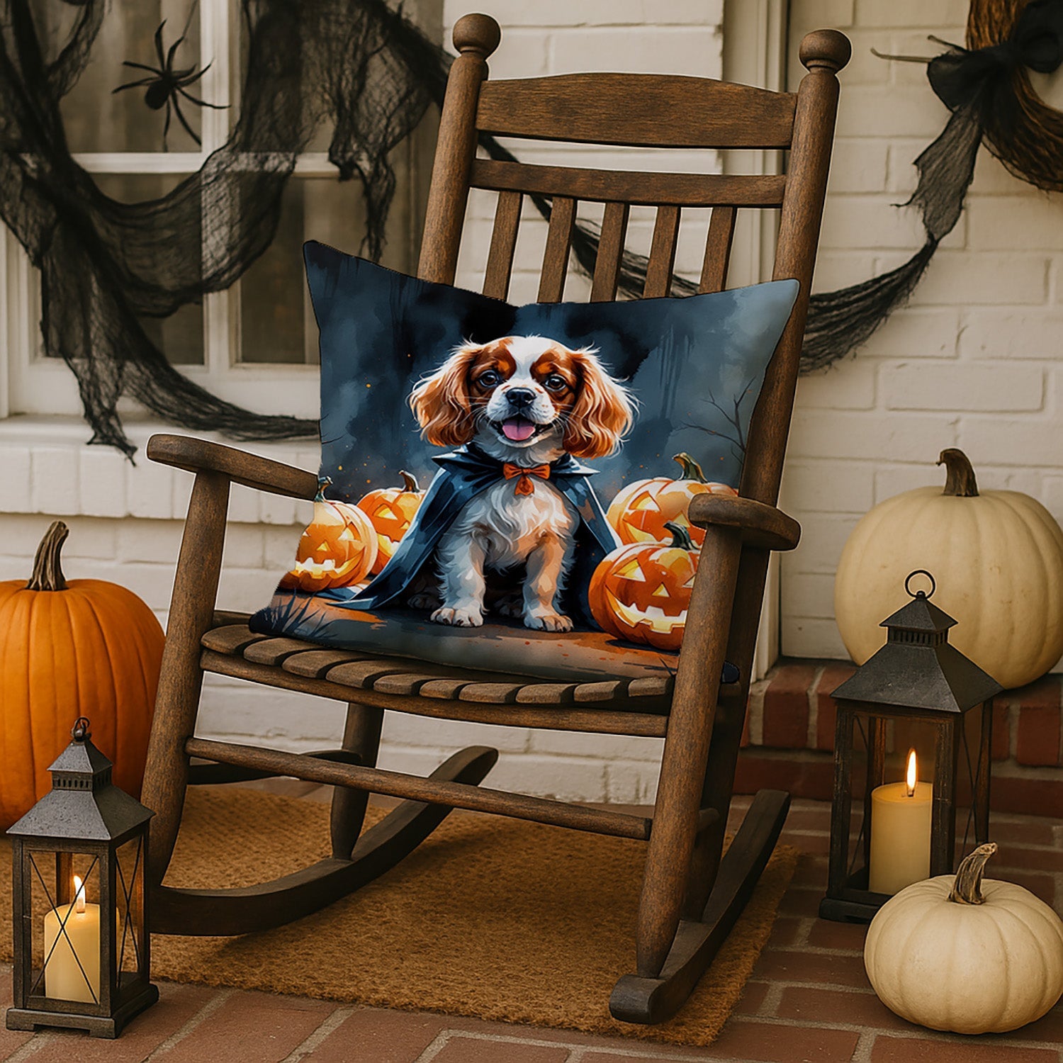 Cavalier Spaniel Puppy Halloween Decorative Throw Pillow 18x18 Indoor Outdoor Accent Cushion, Fabric Cover with Insert for Sofa, Bed, Porch & Living Room