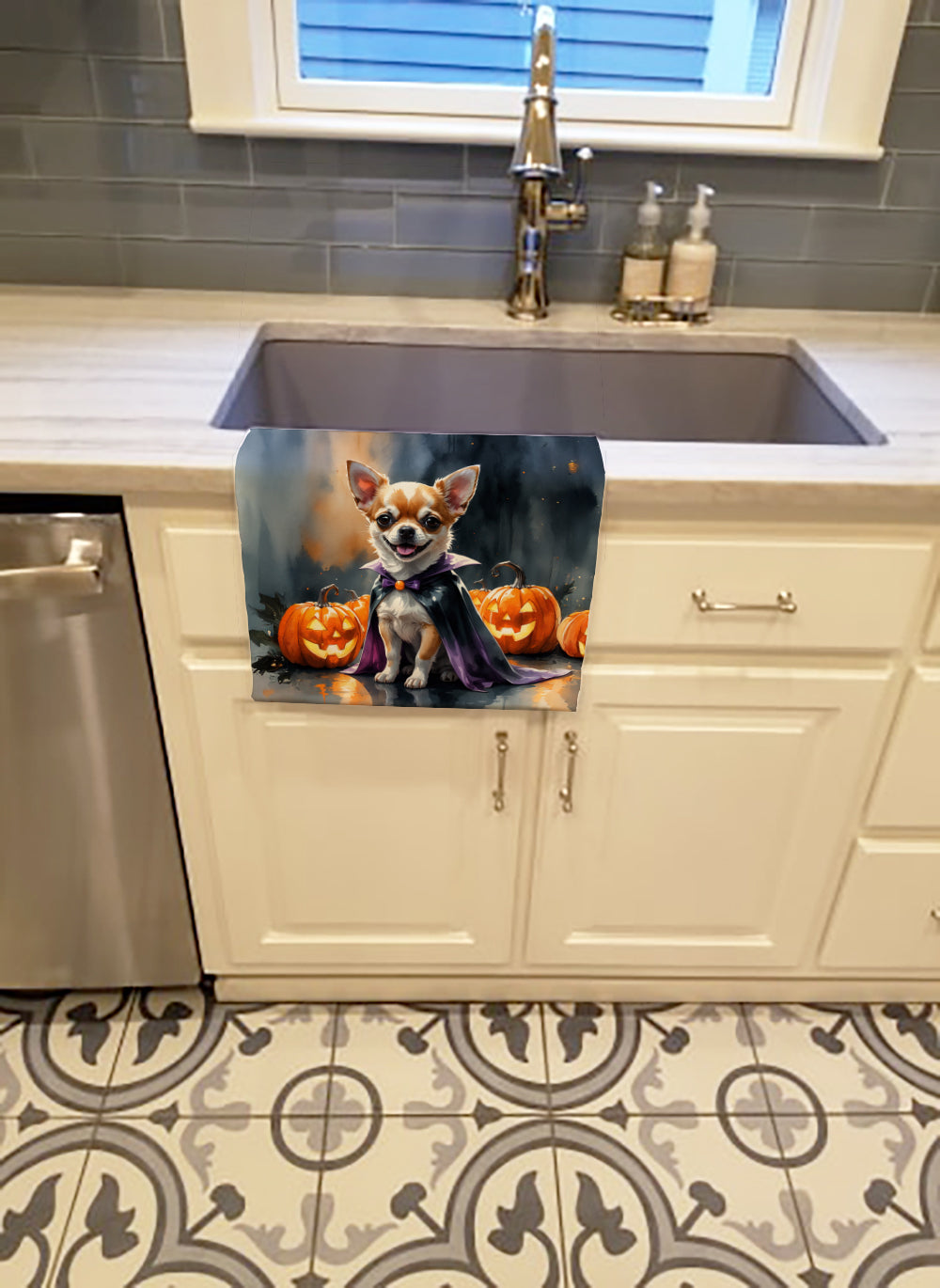 Chihuahua Puppy Halloween Kitchen Towel Velour Plush Front and Cotton Loop Back Machine Washable