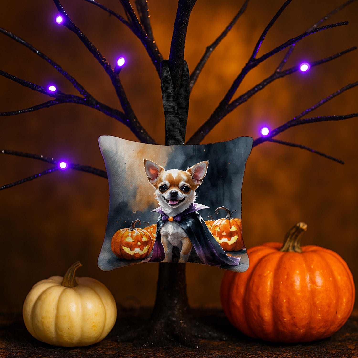 Chihuahua Puppy Halloween Hanging Square Fabric Ornament 3.5 × 3.5 Decorative Door-Knob & Tree Hanger, Soft Fabric