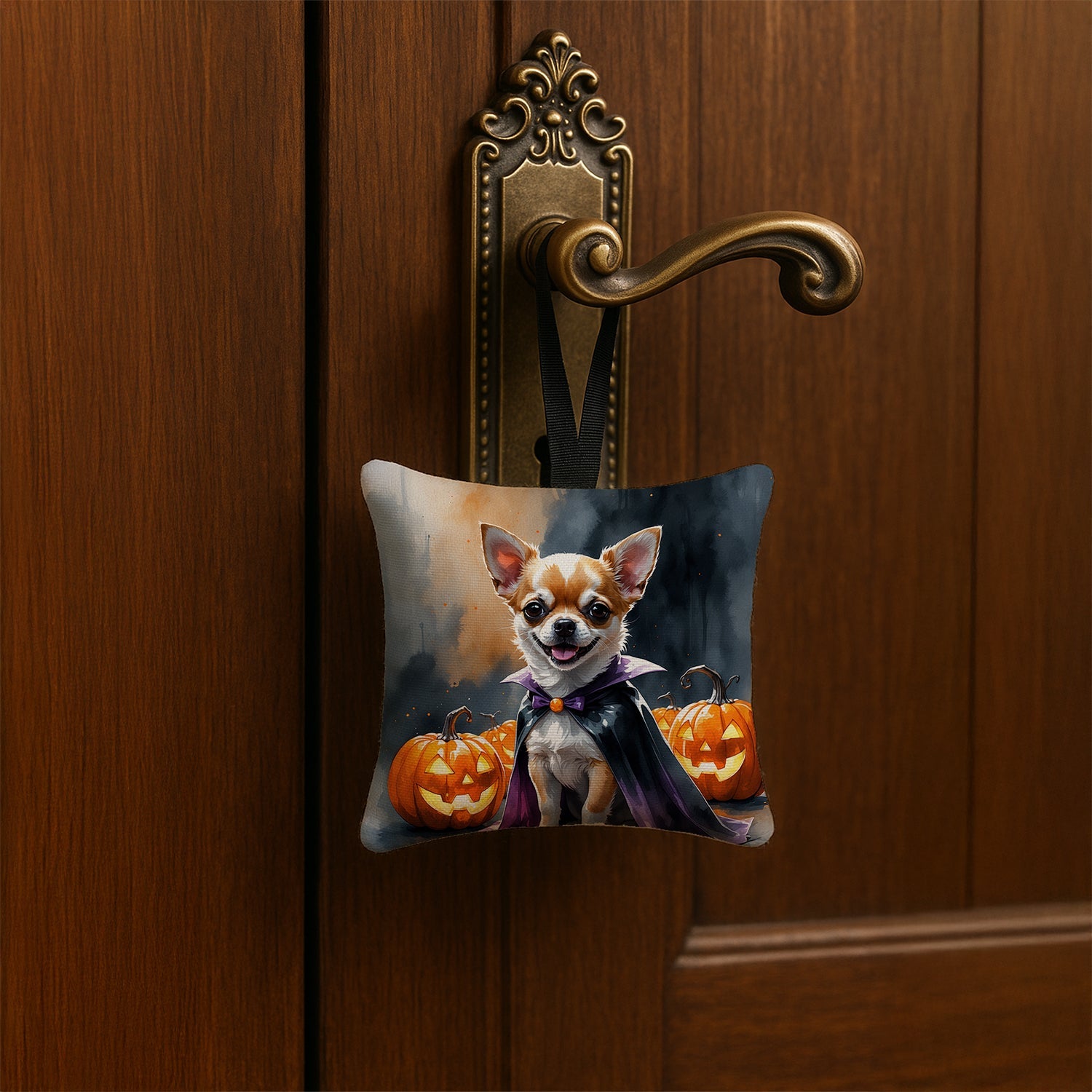 Chihuahua Puppy Halloween Hanging Square Fabric Ornament 3.5 × 3.5 Decorative Door-Knob & Tree Hanger, Soft Fabric