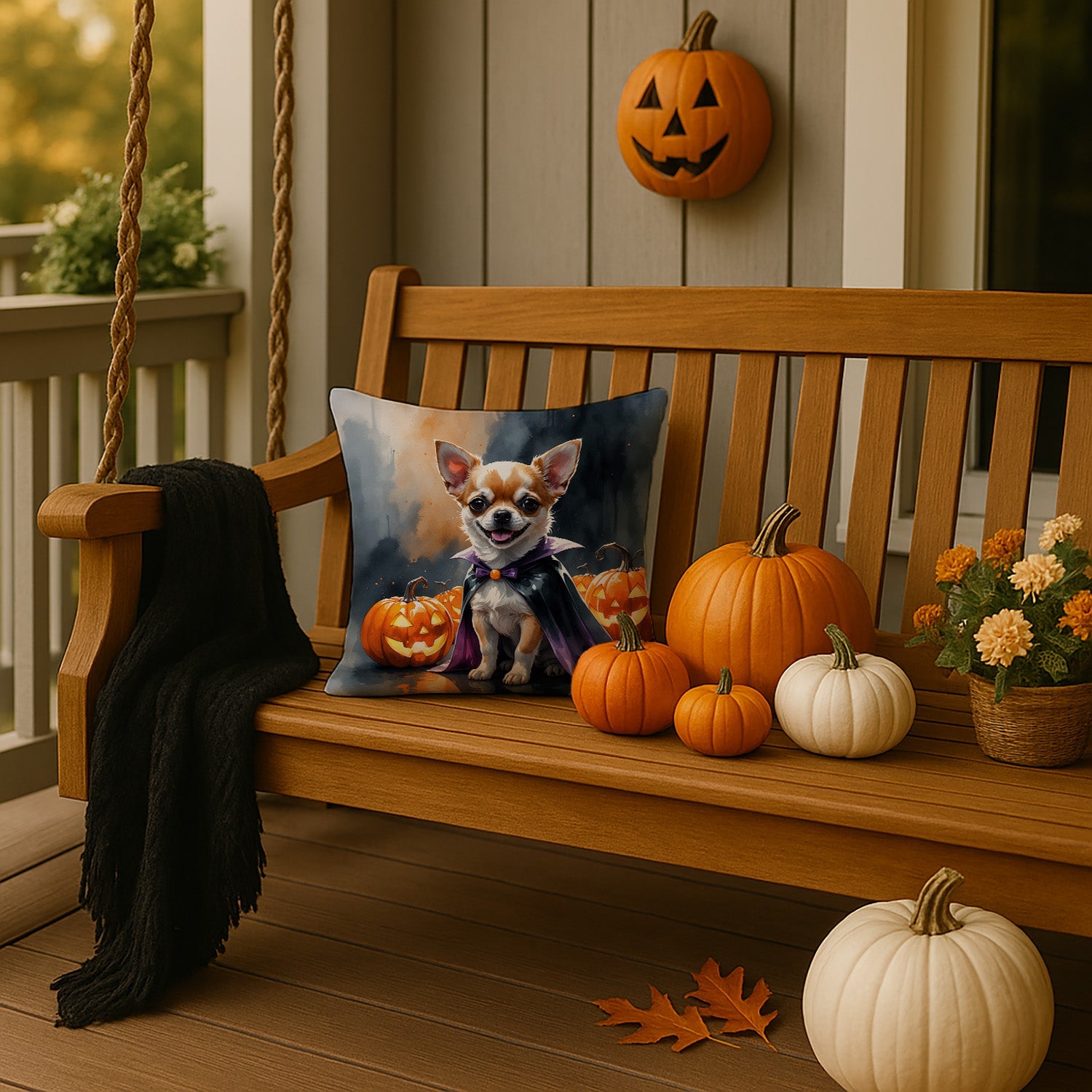 Chihuahua Puppy Halloween Decorative Throw Pillow 14x14 Indoor Outdoor Accent Cushion, Fabric Cover with Insert for Sofa, Bed, Porch & Living Room