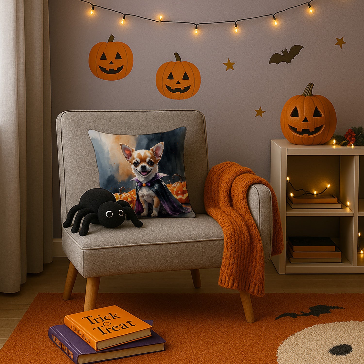 Chihuahua Puppy Halloween Decorative Throw Pillow 14x14 Indoor Outdoor Accent Cushion, Fabric Cover with Insert for Sofa, Bed, Porch & Living Room