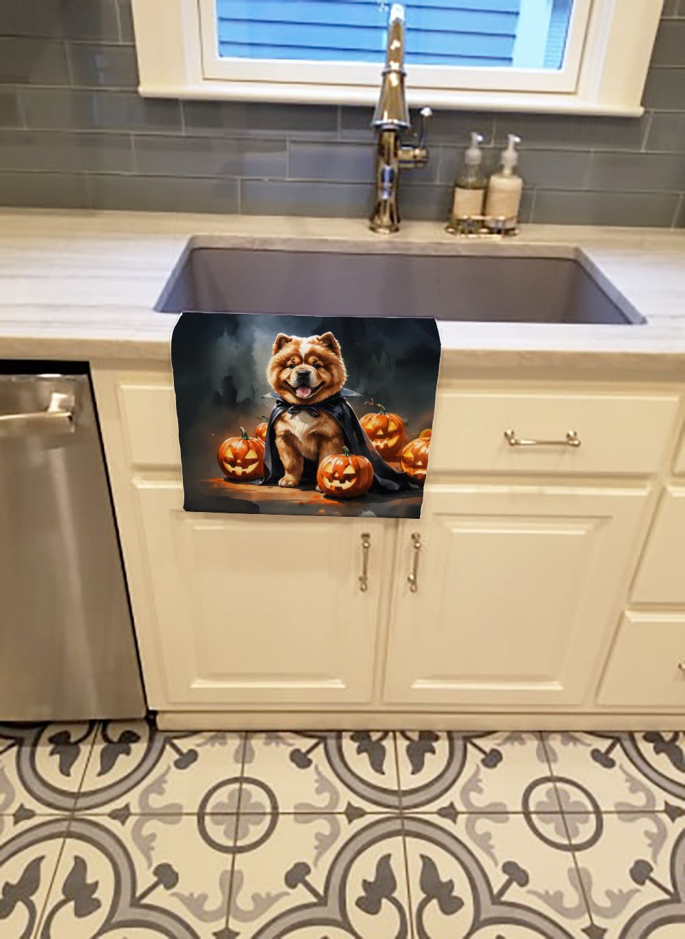 Chow Chow Puppy Halloween Kitchen Towel Velour Plush Front and Cotton Loop Back Machine Washable