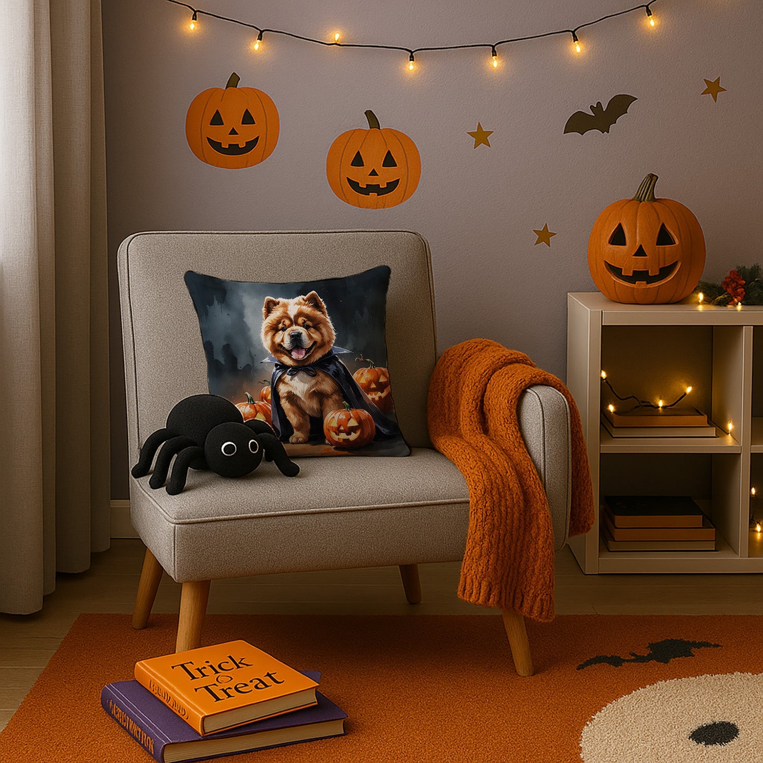 Chow Chow Puppy Halloween Decorative Throw Pillow 14x14 Indoor Outdoor Accent Cushion, Fabric Cover with Insert for Sofa, Bed, Porch & Living Room