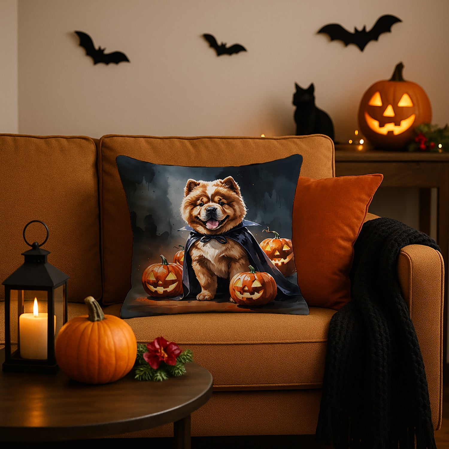 Chow Chow Puppy Halloween Decorative Throw Pillow 18x18 Indoor Outdoor Accent Cushion, Fabric Cover with Insert for Sofa, Bed, Porch & Living Room