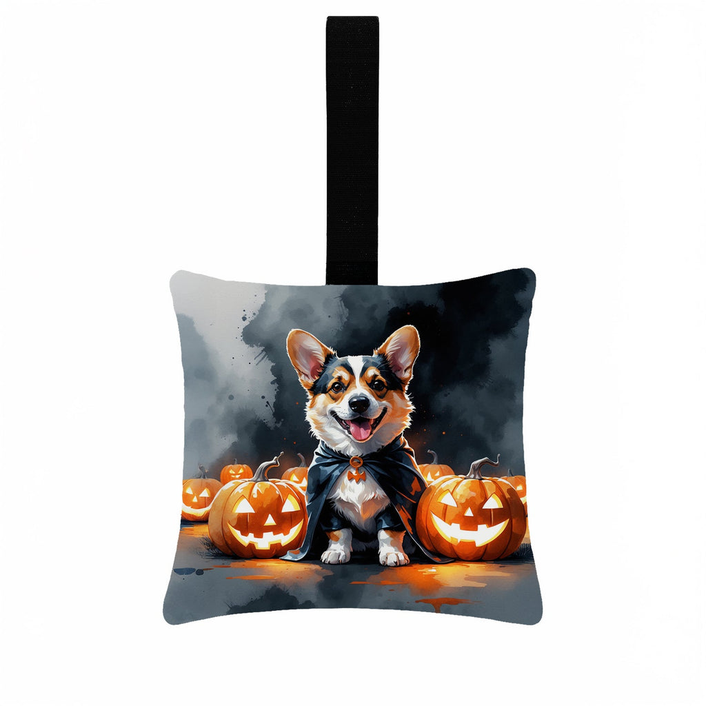Corgi Puppy Halloween Hanging Square Fabric Ornament 3.5 × 3.5 Decorative Door-Knob & Tree Hanger, Soft Fabric