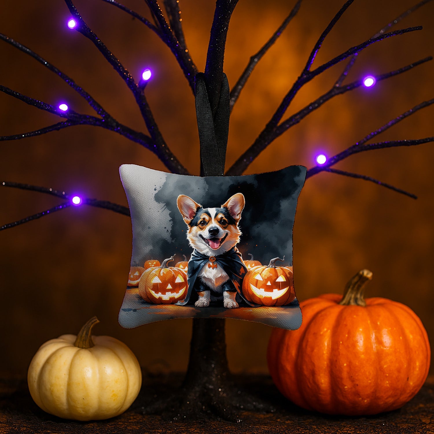 Corgi Puppy Halloween Hanging Square Fabric Ornament 3.5 × 3.5 Decorative Door-Knob & Tree Hanger, Soft Fabric