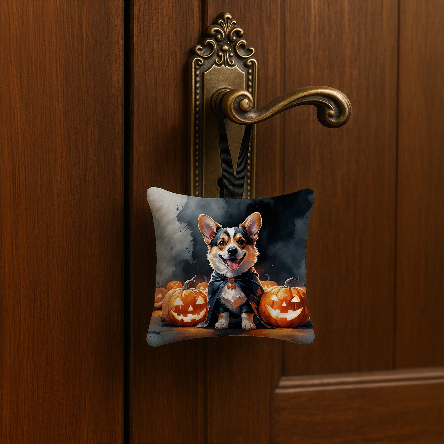 Corgi Puppy Halloween Hanging Square Fabric Ornament 3.5 × 3.5 Decorative Door-Knob & Tree Hanger, Soft Fabric