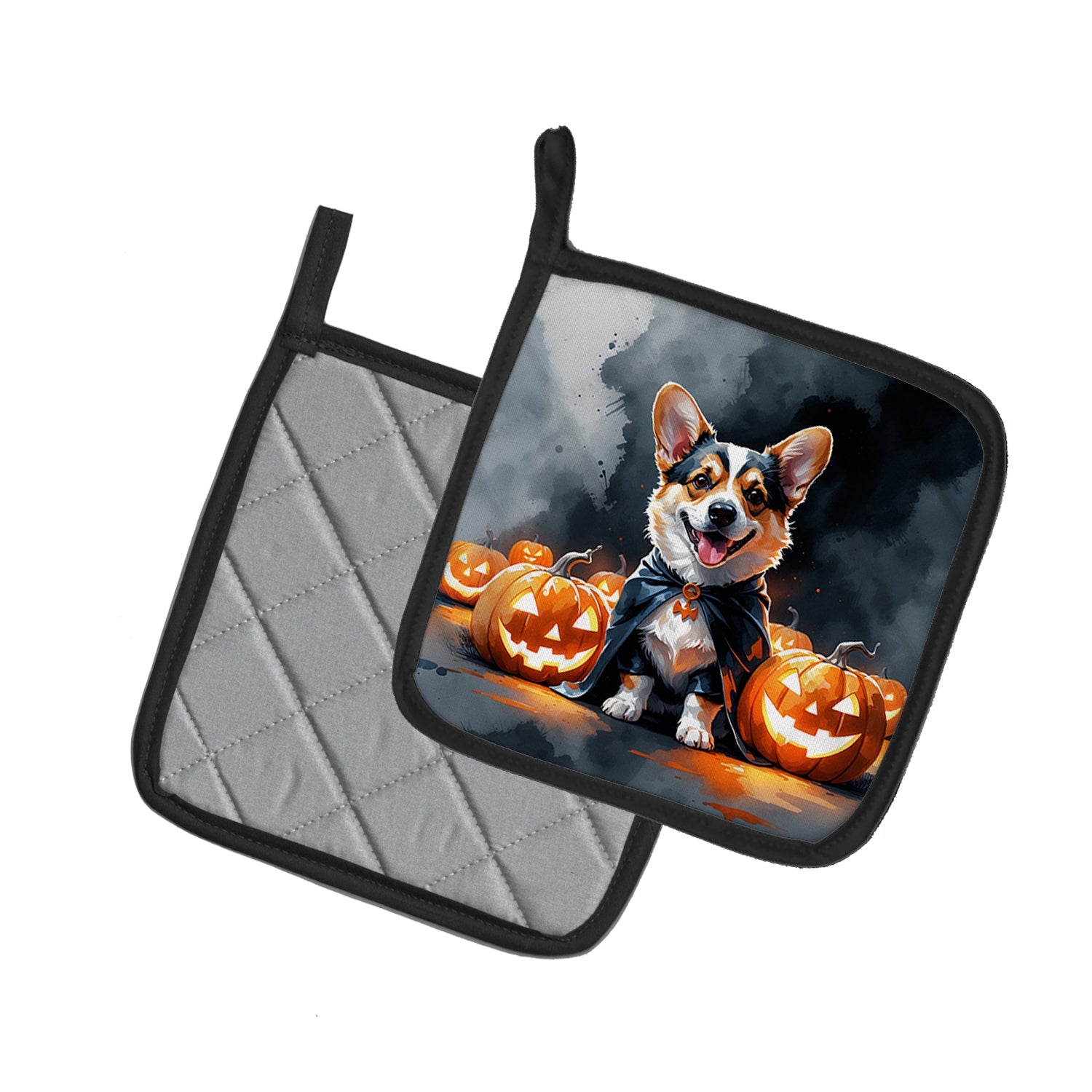 Corgi Puppy Halloween Pot Holder Set of 2 Heat Resistant Quilted Hot Pads 7.5 x 7.5 Inch, Insulated Kitchen Trivets for Cooking & Baking