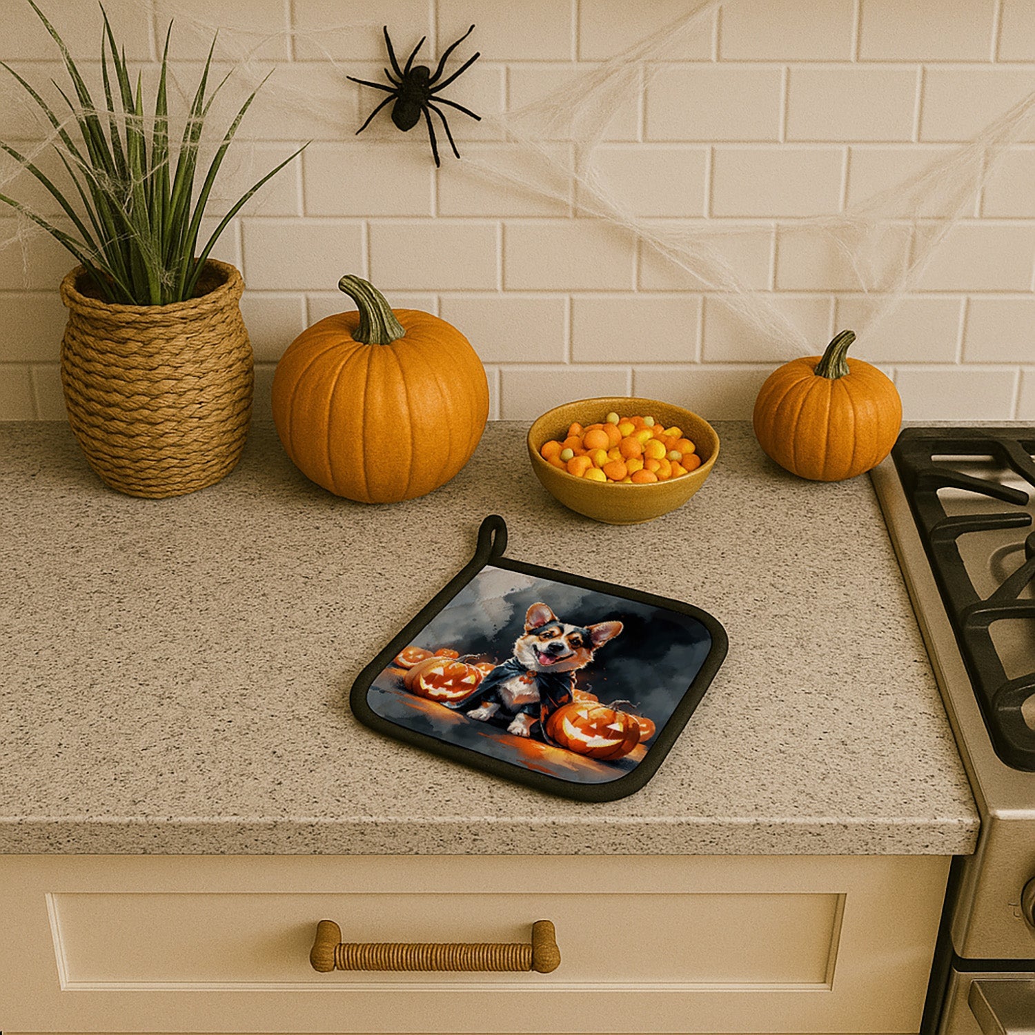 Corgi Puppy Halloween Pot Holder Set of 2 Heat Resistant Quilted Hot Pads 7.5 x 7.5 Inch, Insulated Kitchen Trivets for Cooking & Baking
