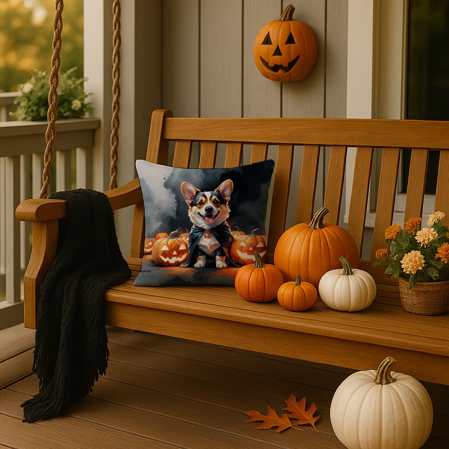 Corgi Puppy Halloween Decorative Throw Pillow 14x14 Indoor Outdoor Accent Cushion, Fabric Cover with Insert for Sofa, Bed, Porch & Living Room