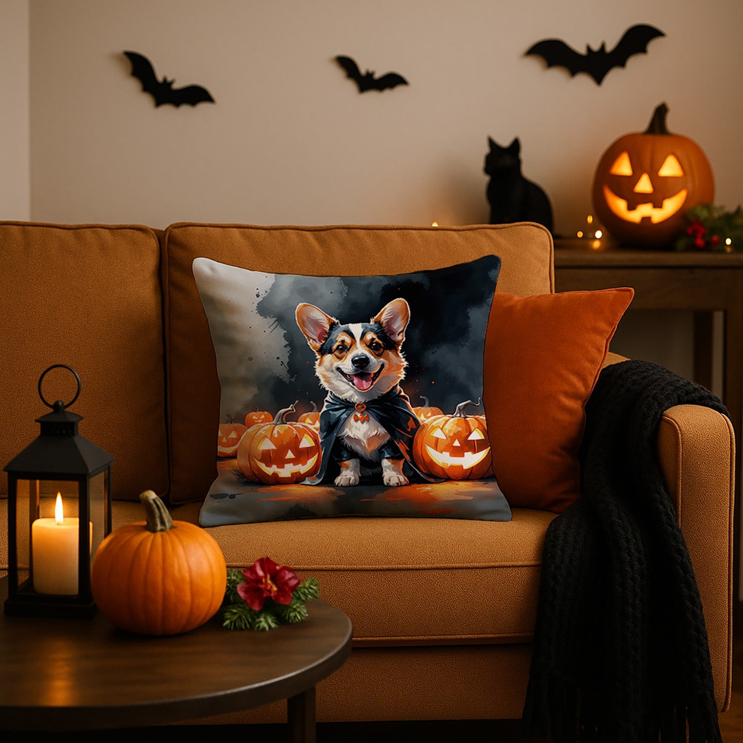 Corgi Puppy Halloween Decorative Throw Pillow 18x18 Indoor Outdoor Accent Cushion, Fabric Cover with Insert for Sofa, Bed, Porch & Living Room