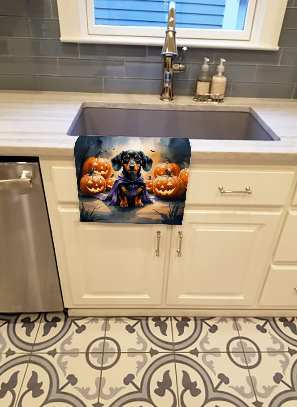 Dachshund Puppy Halloween Kitchen Towel Velour Plush Front and Cotton Loop Back Machine Washable