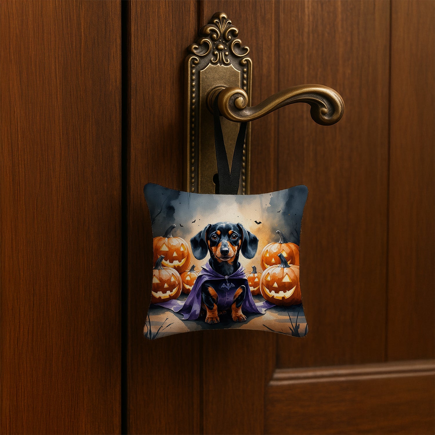 Dachshund Puppy Halloween Hanging Square Fabric Ornament 3.5 × 3.5 Decorative Door-Knob & Tree Hanger, Soft Fabric