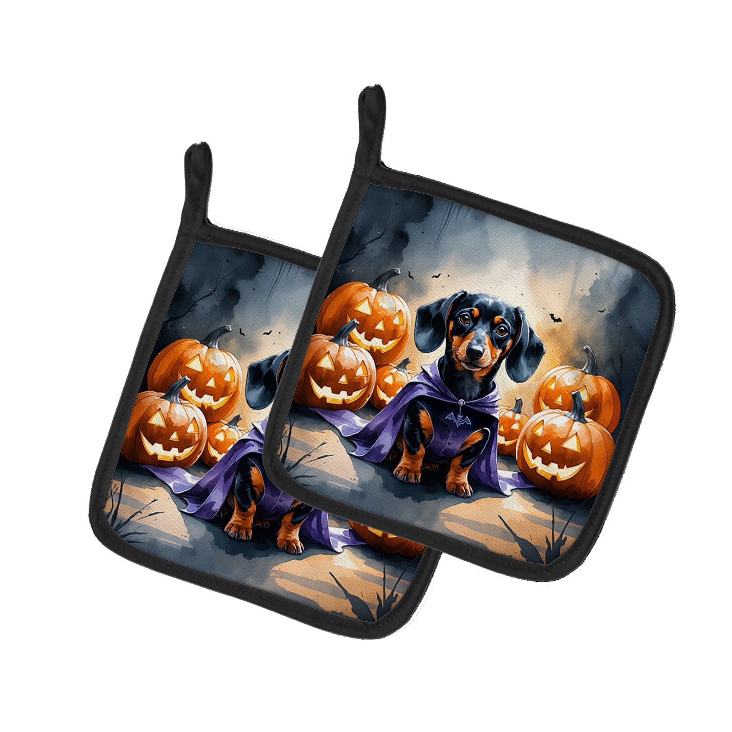 Dachshund Puppy Halloween Pot Holder Set of 2 Heat Resistant Quilted Hot Pads 7.5 x 7.5 Inch, Insulated Kitchen Trivets for Cooking & Baking