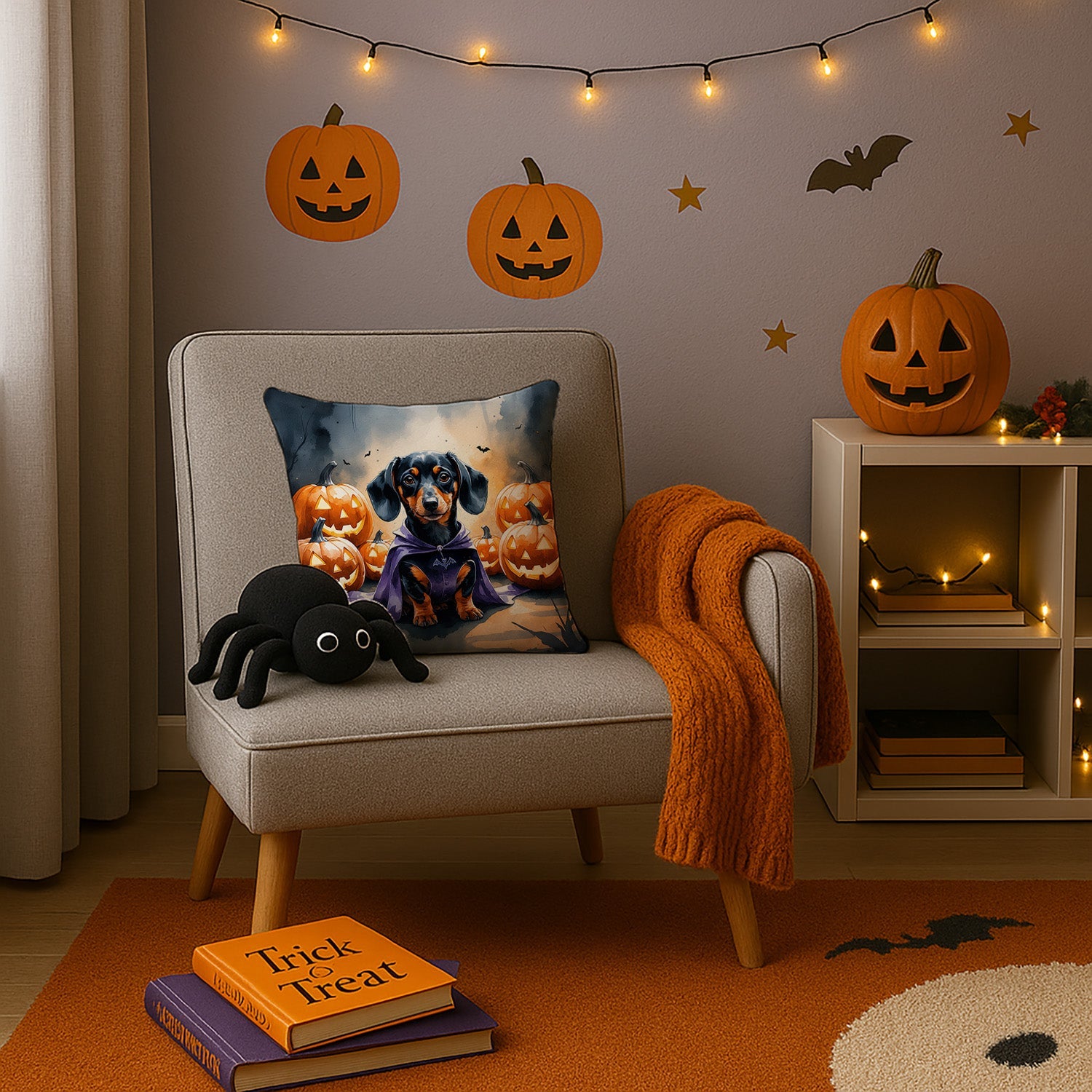 Dachshund Puppy Halloween Decorative Throw Pillow 14x14 Indoor Outdoor Accent Cushion, Fabric Cover with Insert for Sofa, Bed, Porch & Living Room