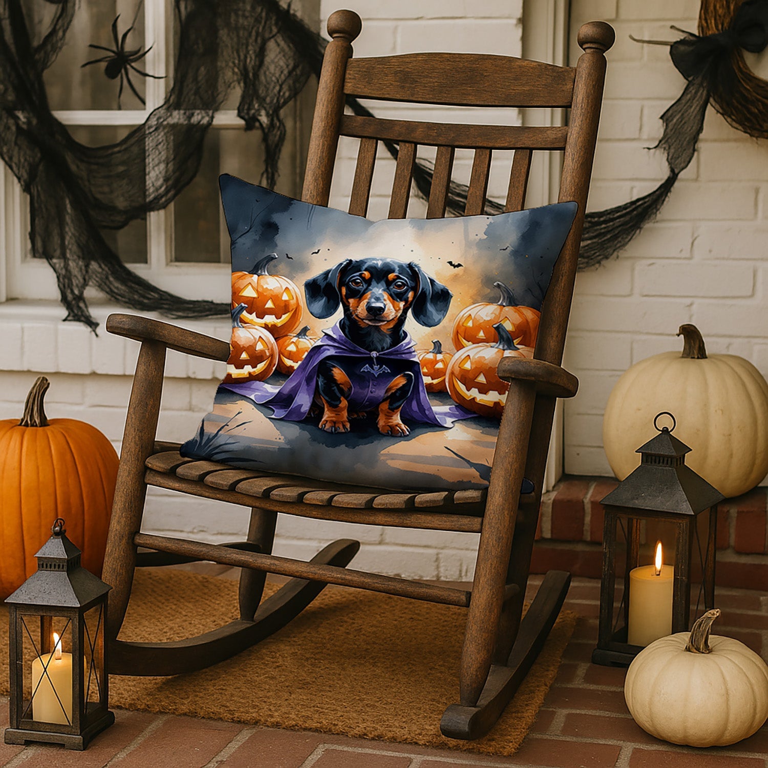 Dachshund Puppy Halloween Decorative Throw Pillow 18x18 Indoor Outdoor Accent Cushion, Fabric Cover with Insert for Sofa, Bed, Porch & Living Room