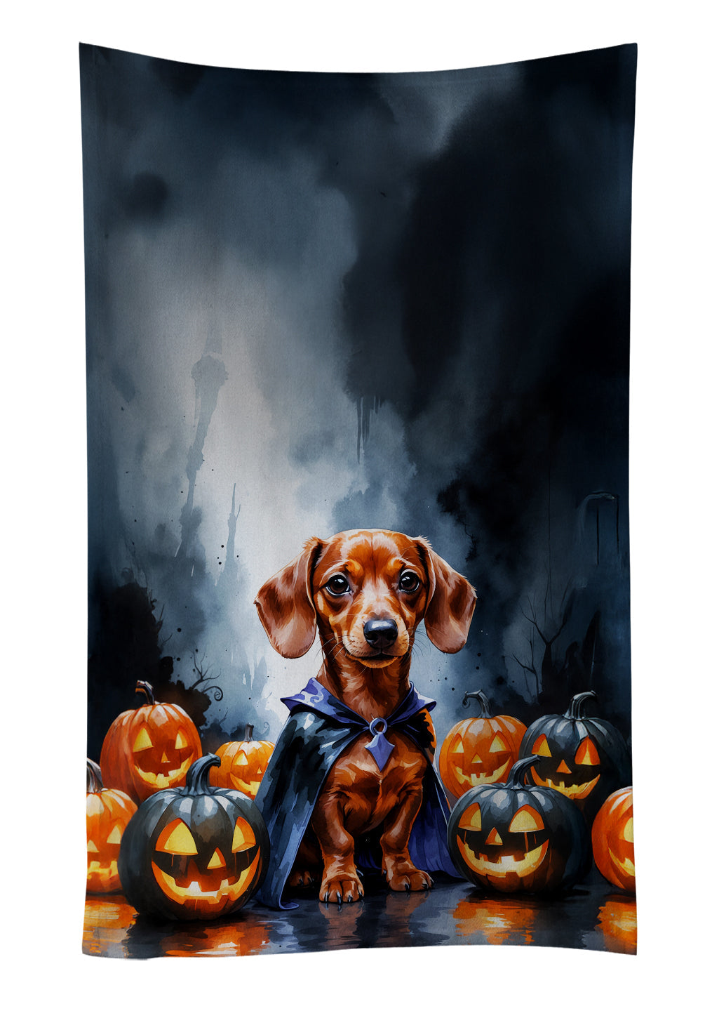 Red Dachshund Puppy Halloween Kitchen Towel Velour Plush Front and Cotton Loop Back Machine Washable