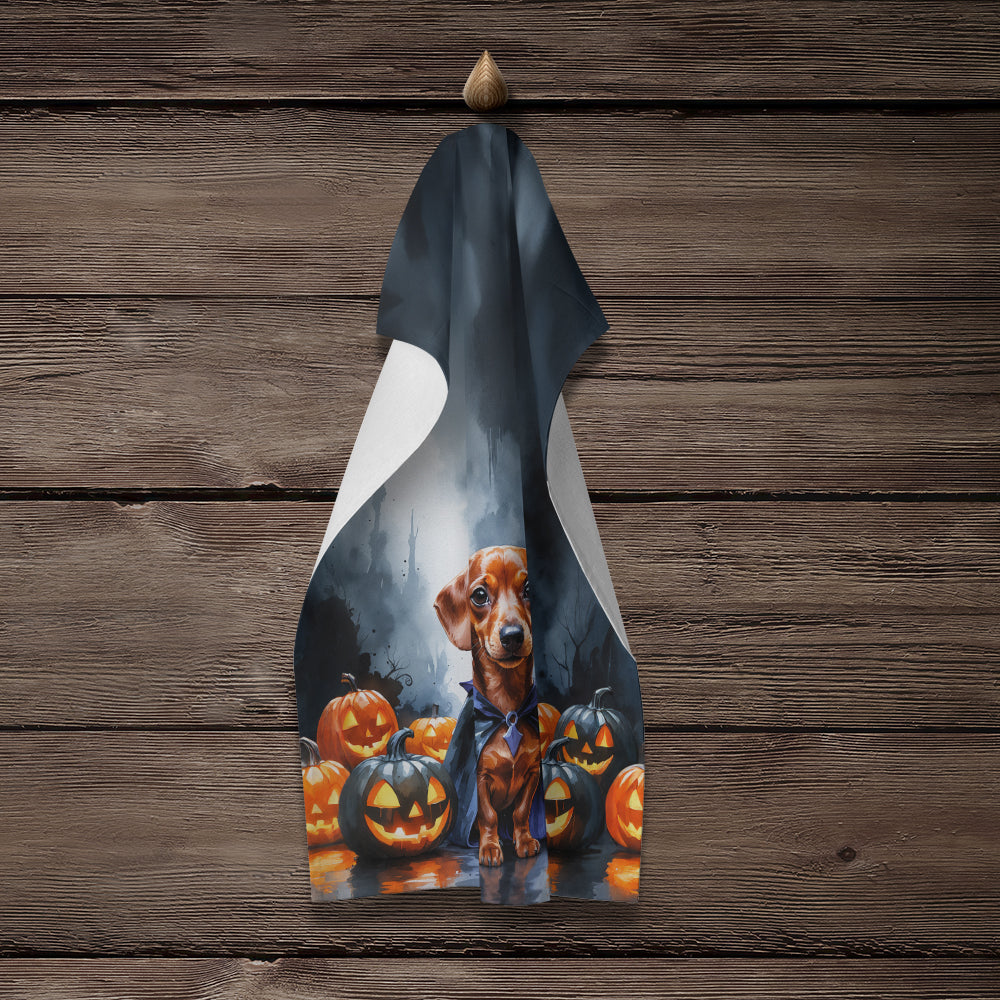 Red Dachshund Puppy Halloween Kitchen Towel Velour Plush Front and Cotton Loop Back Machine Washable