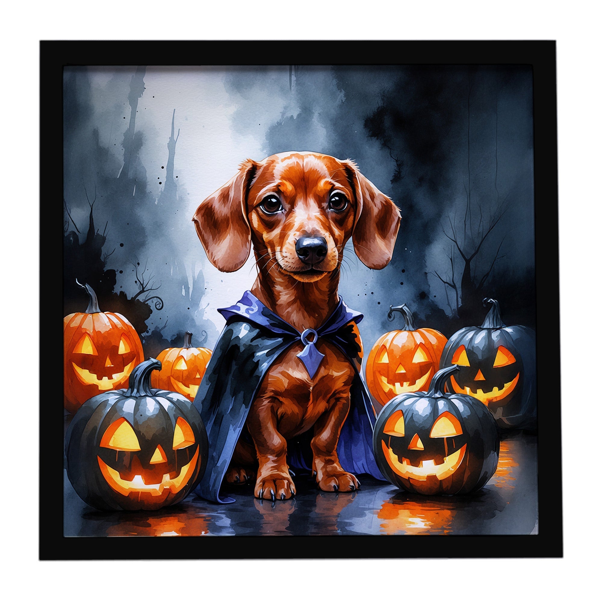 Red Dachshund Puppy Halloween Framed Metal Print Bathroom, Kitchen, Office, Home Decor Wall Art Ready to Hang, Square, 8X8