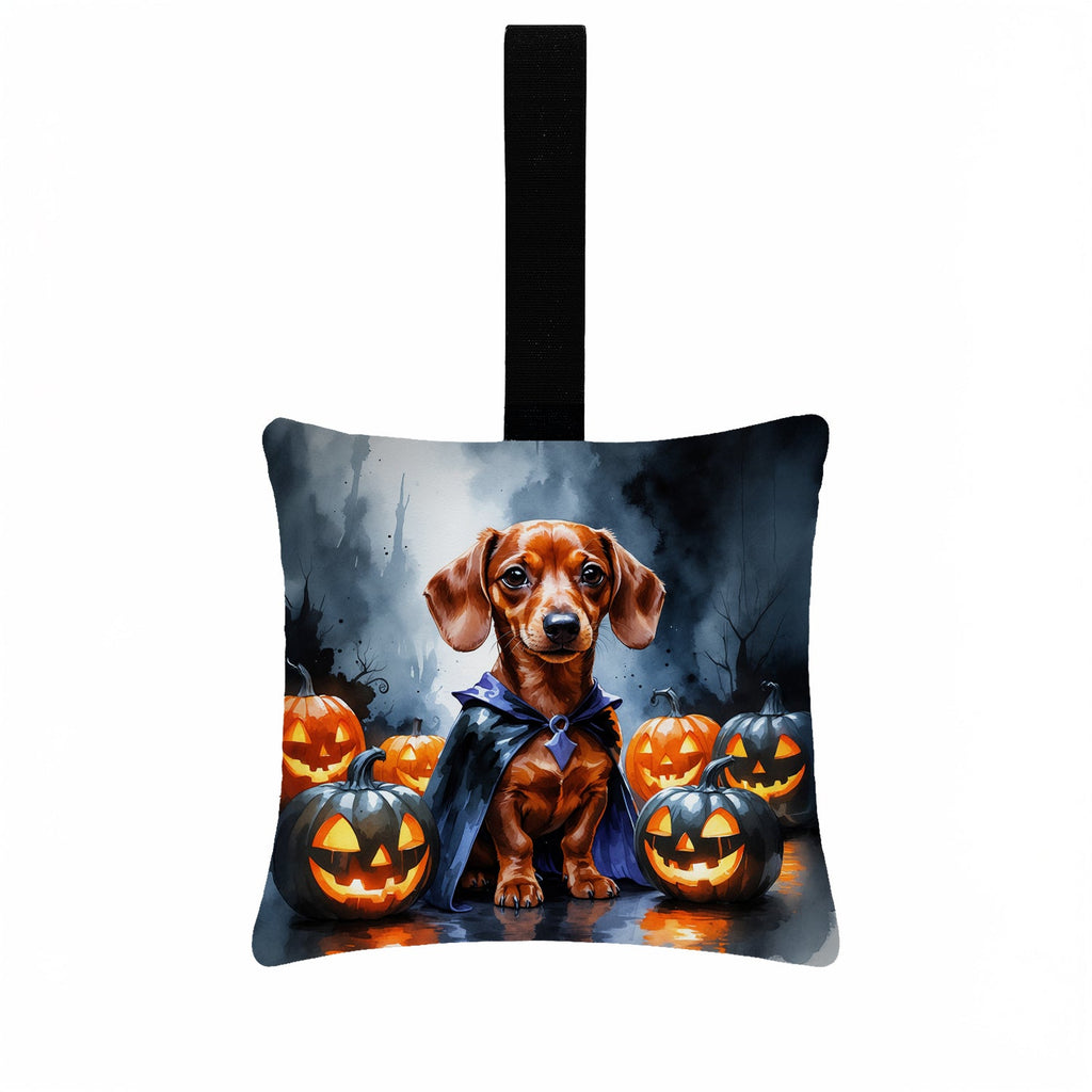 Red Dachshund Puppy Halloween Hanging Square Fabric Ornament 3.5 × 3.5 Decorative Door-Knob & Tree Hanger, Soft Fabric