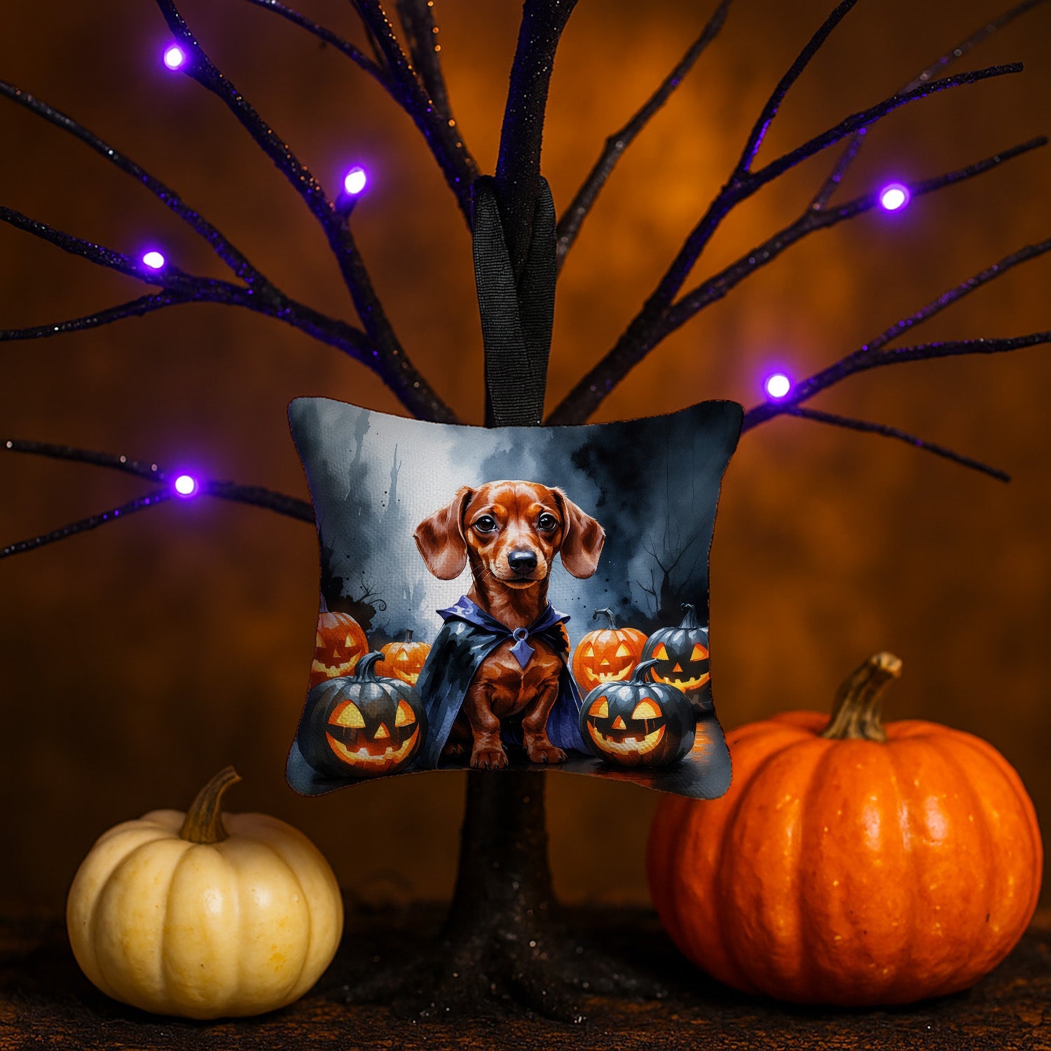 Red Dachshund Puppy Halloween Hanging Square Fabric Ornament 3.5 × 3.5 Decorative Door-Knob & Tree Hanger, Soft Fabric